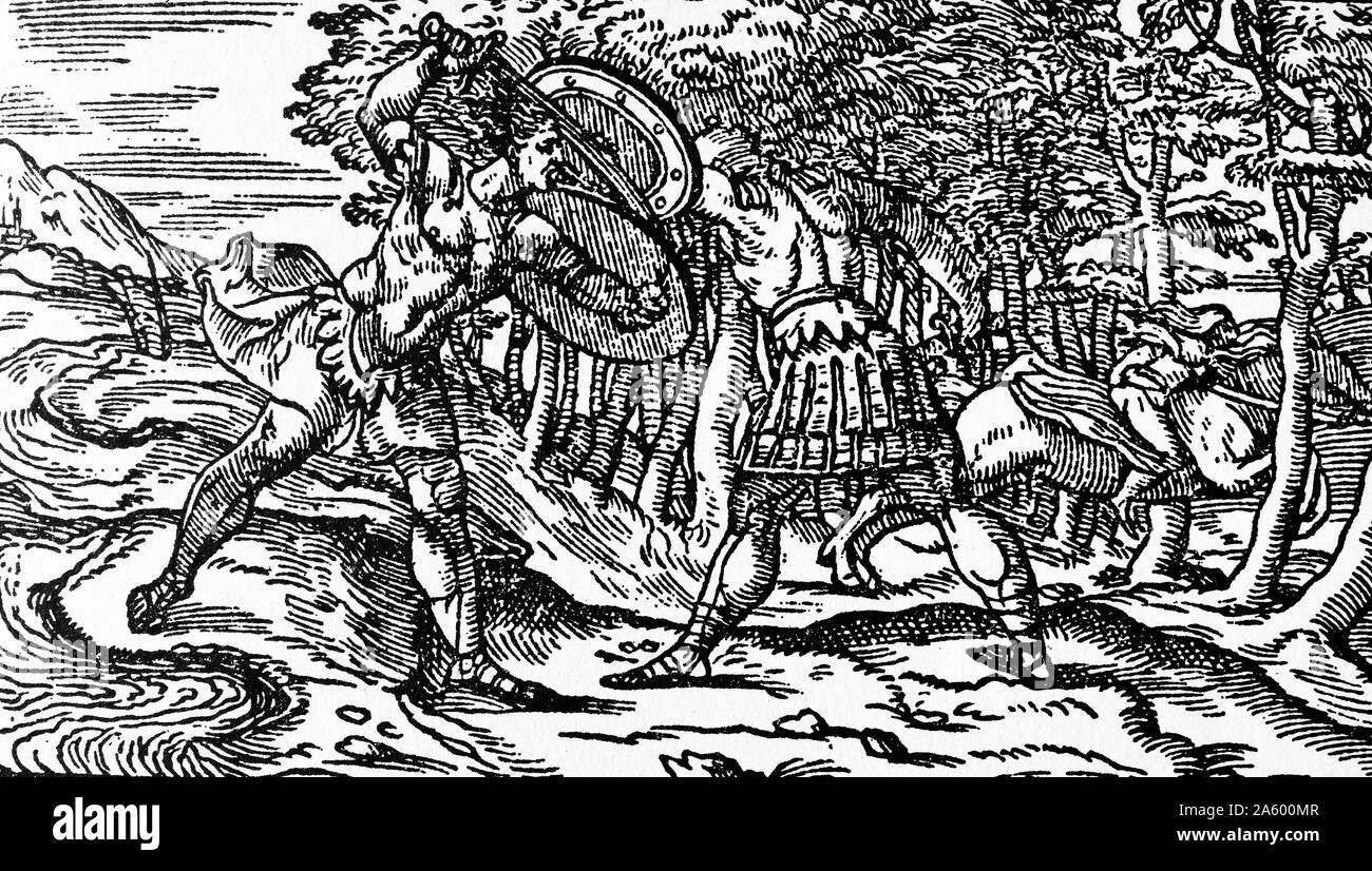 Holzschnitt, die Darstellung einer Szenenverlaufs aus dem Gedicht von "Orlando Furioso" von Ludovico Ariosto (1474-1533) ein italienischer Dichter. Datiert aus dem 16. Jahrhundert Stockfoto