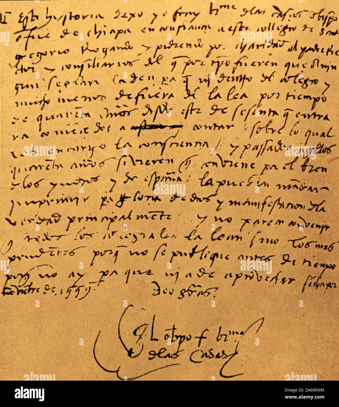 Brief von Bartolomé de Las Casas (c. 1484-1566); aus dem 16. Jahrhundert spanische Historiker; Sozialreformer und dominikanischer Mönch. Er wurde der erste Wohnsitz Bischof von Chiapas; und die erste offiziell ernannt "Beschützer der Indianer". Stockfoto