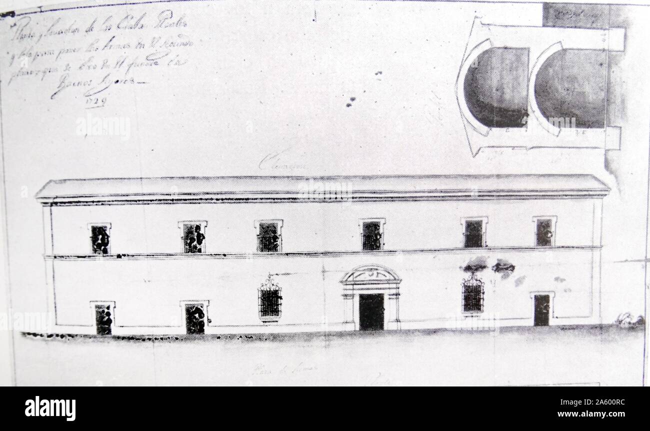 Abbildung Darstellung der Fassade und Grundriss der königlichen Häuser von Buenos Aires. Vom 18. Jahrhundert Stockfoto