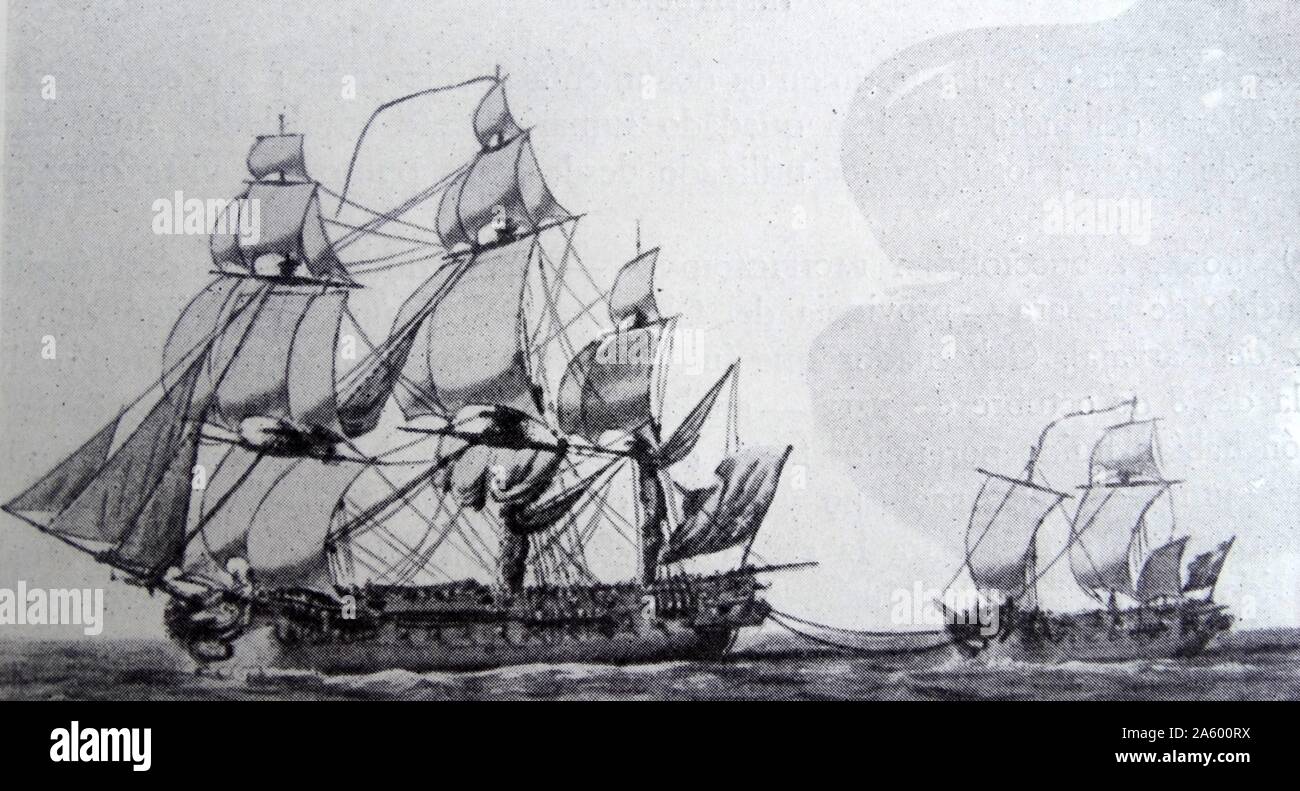 18. Jahrhundert spanische Kriegsschiff mit kleineren Schiff im Schlepptau 1790 Stockfoto