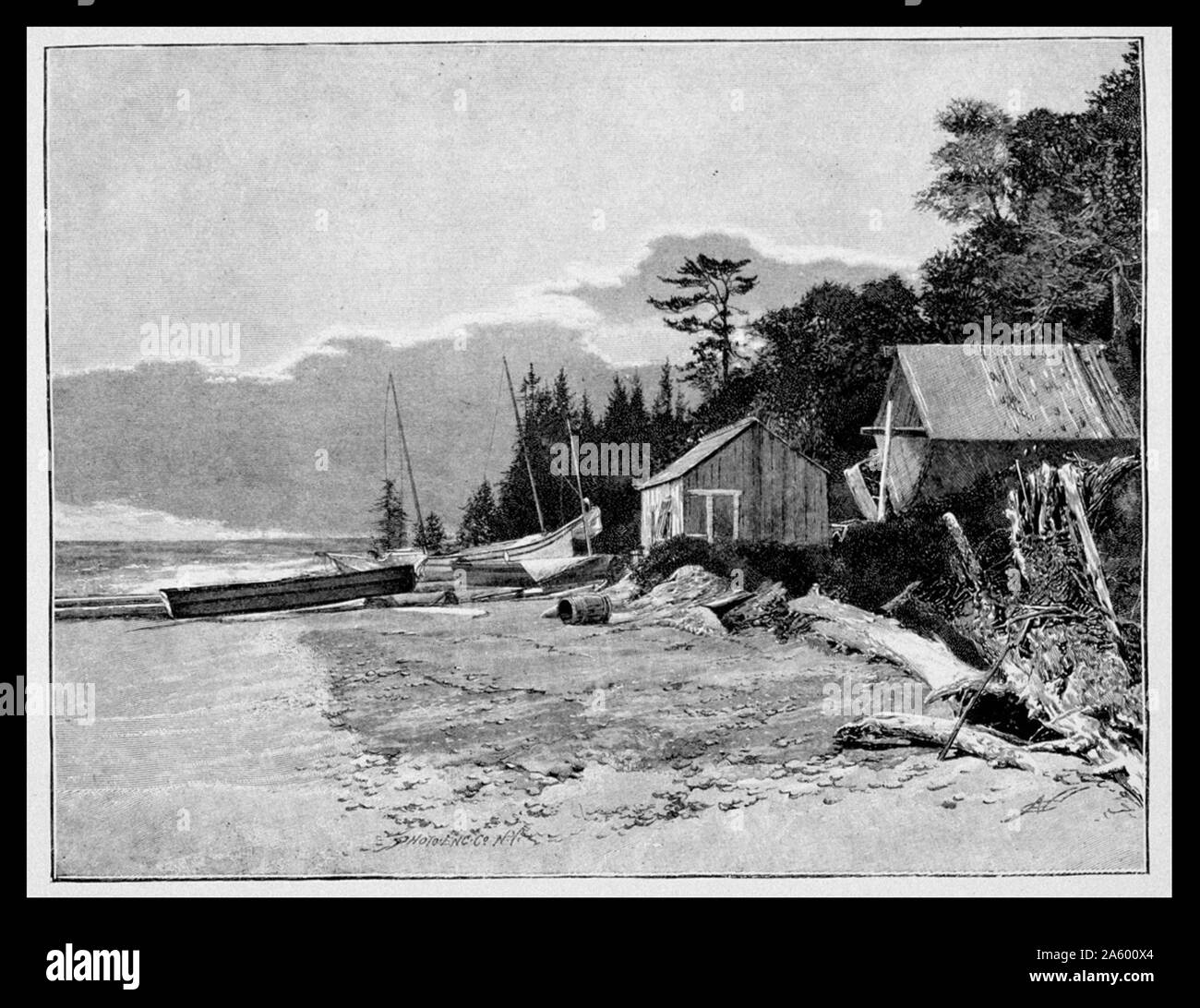 Camp am Lake Michigan Angelboote/Fischerboote South Manitou Island; Kiemennetze auf Walze; Shanty für die Reinigung von Fisch aus einem Foto Stockfoto