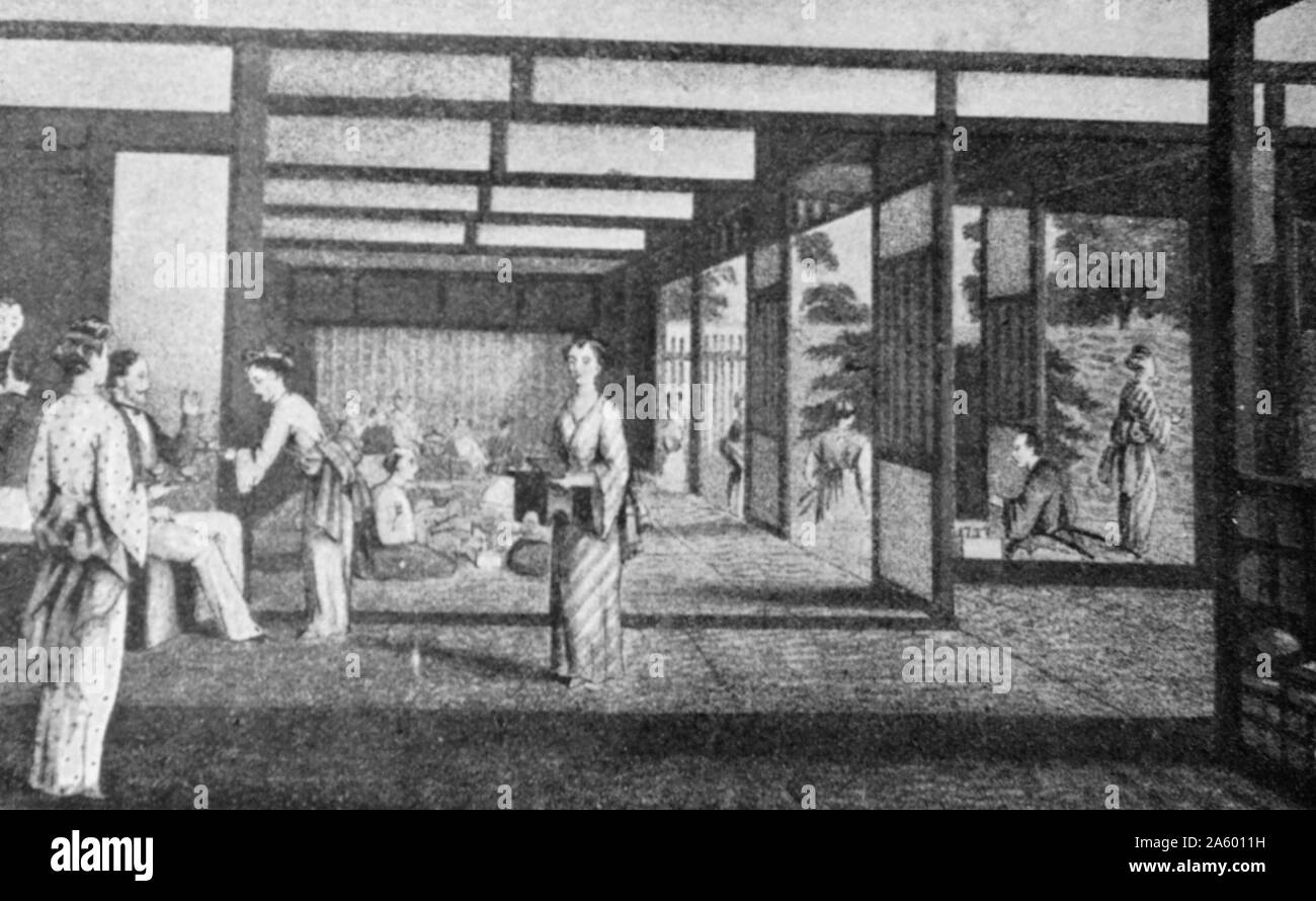 Gemälde eines Tee-Hauses in Vedo, Japan. Vom 19. Jahrhundert Stockfoto