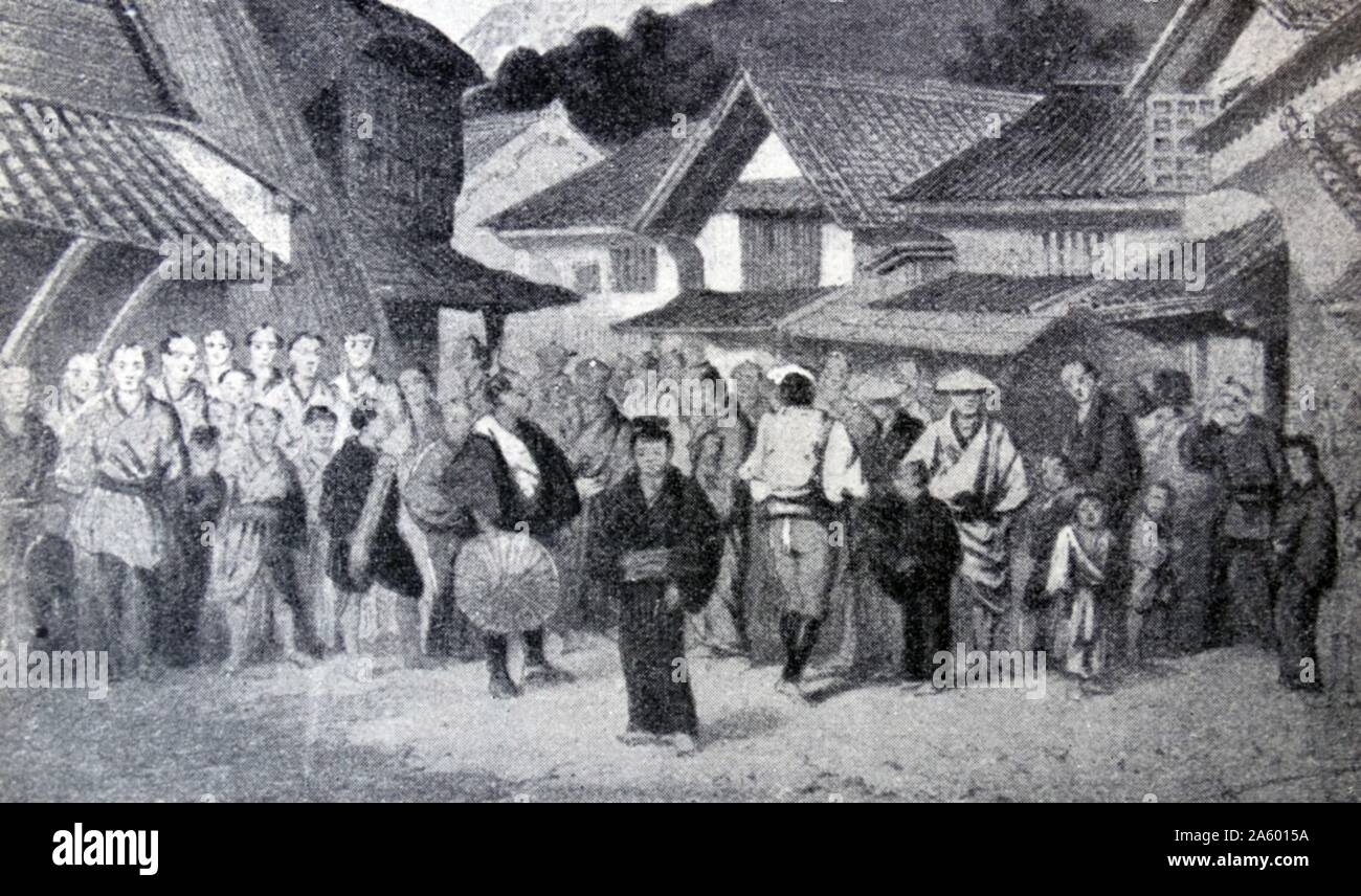 Straßenszene in ein Dorf des alten Japan. Vom 18. Jahrhundert Stockfoto