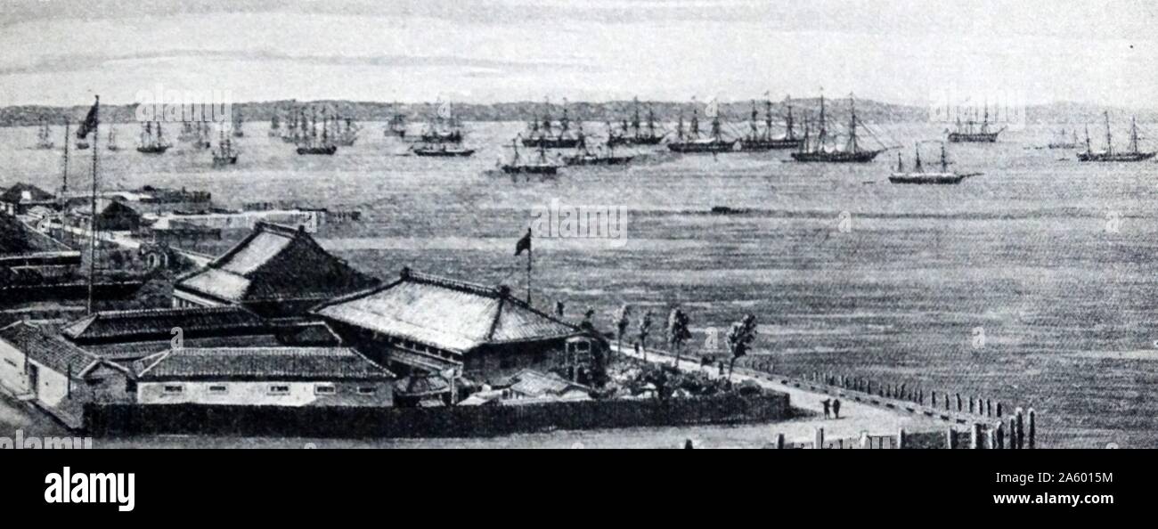 Britische Marine Flotte weg von Yokohama im Jahr 1854 Stockfoto
