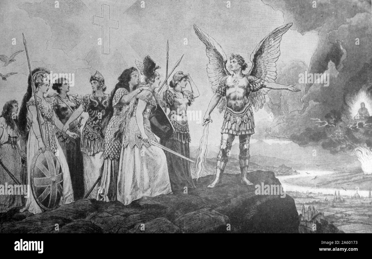 Deutsche Darstellung, die den Erzengel Michael drängen die Nationen Europas, China (die gelbe Gefahr) 1870 herauszufordern Stockfoto