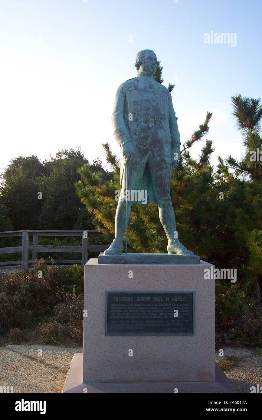 Statue von Admiral Francois Joseph Paul de Grasse; Admiral der französischen Flotte, die die britische Armee in Yorktown 1781 gefangen; effektiv Ende der amerikanischen Revolution mit der Niederlage von Cornwallis. Stockfoto
