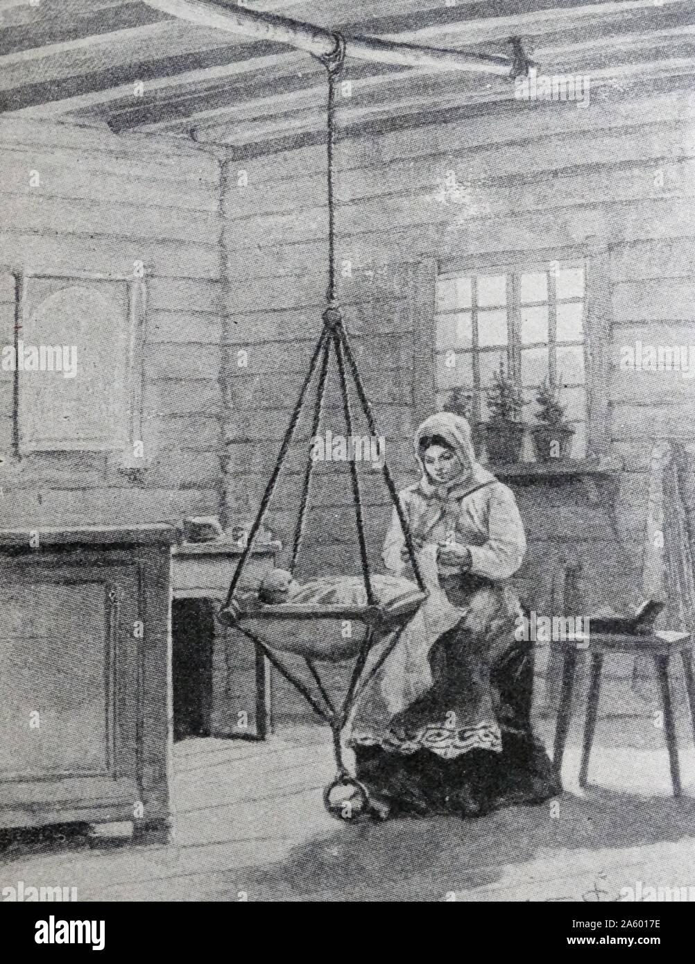 Russische Bäuerin Felsen ein Baby in den Schlaf; Sibirien 1900 Stockfoto