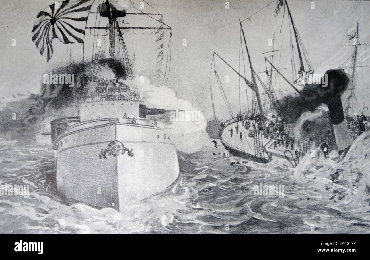 Untergang des chinesischen Schiffes der Kowshing; in der Schlacht von Pungdo oder Feng-Tao; die erste Seeschlacht des ersten Japanisch-Chinesischen Krieges. Sie fand am 25. Juli 1894 Stockfoto