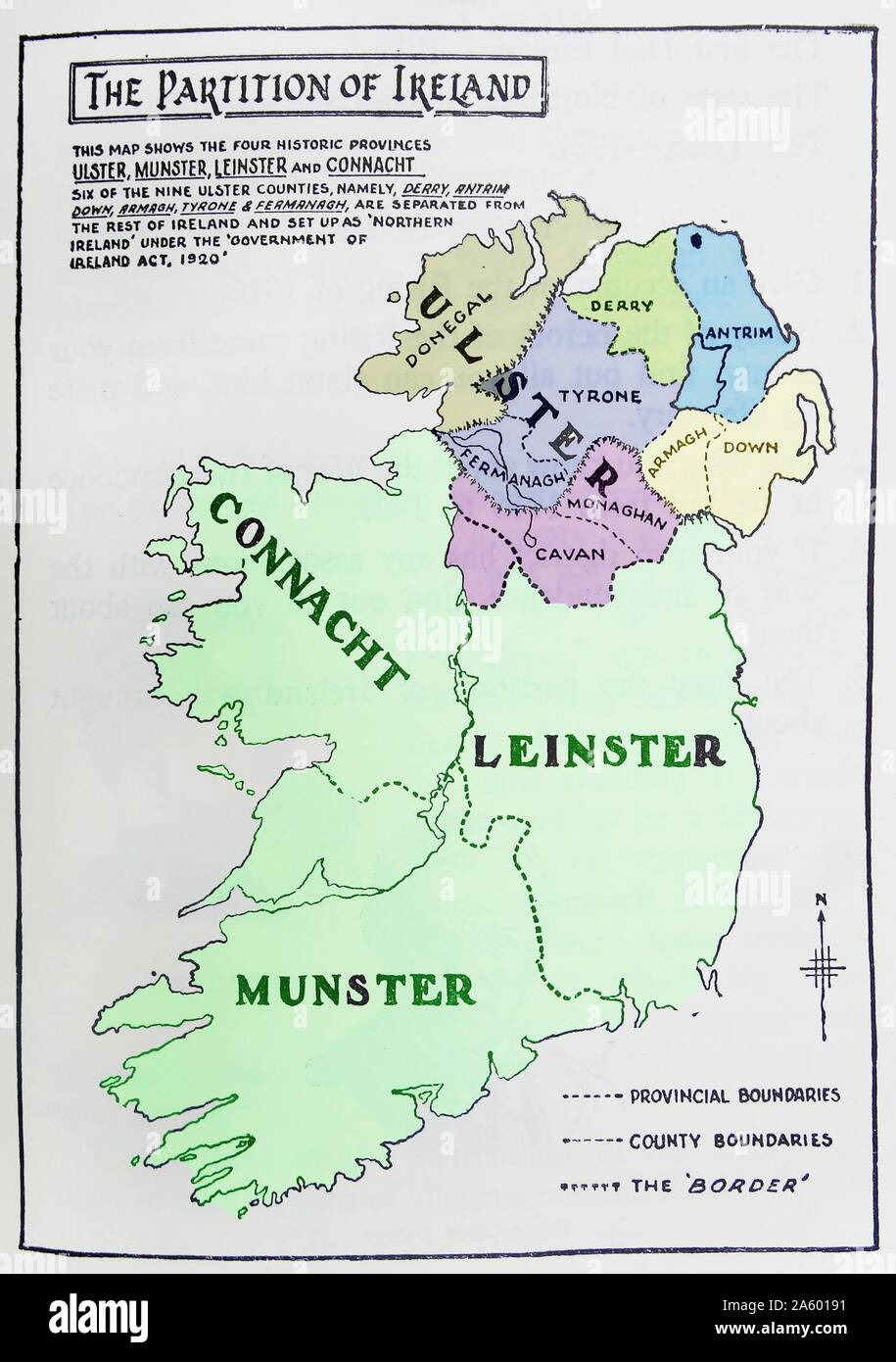 Karte von der Teilung Irlands; die Einteilung der irischen Insel in zwei unterschiedliche Gebiete; Nordirland und Südirland 1921 Stockfoto