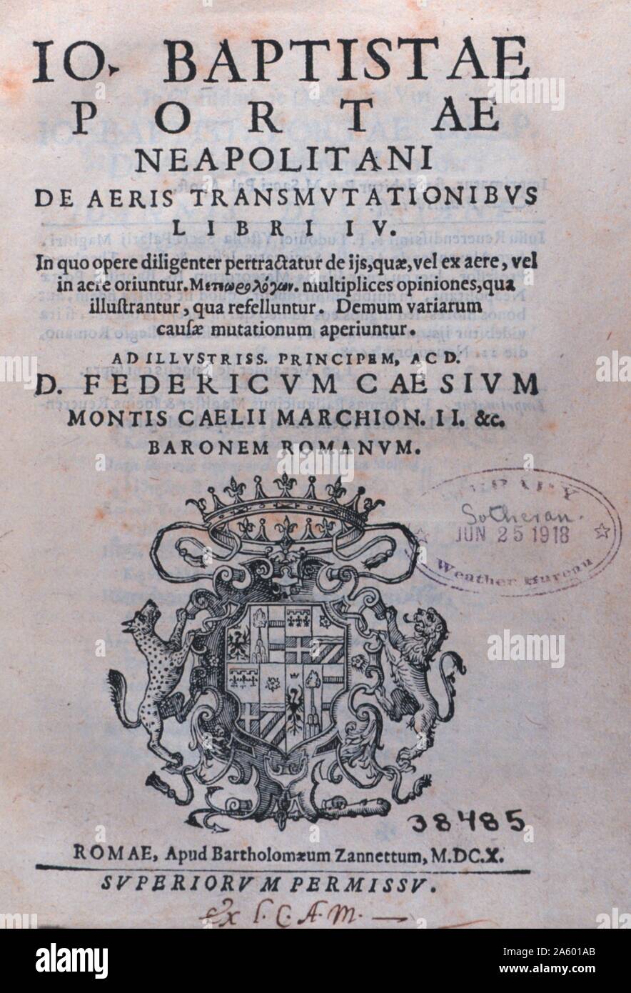 Titelblatt des "De Aeris Transmutationibus Libri IV..." von Giambattista della Porta, 1535-1615. Veröffentlicht im Jahr 1614. Stockfoto