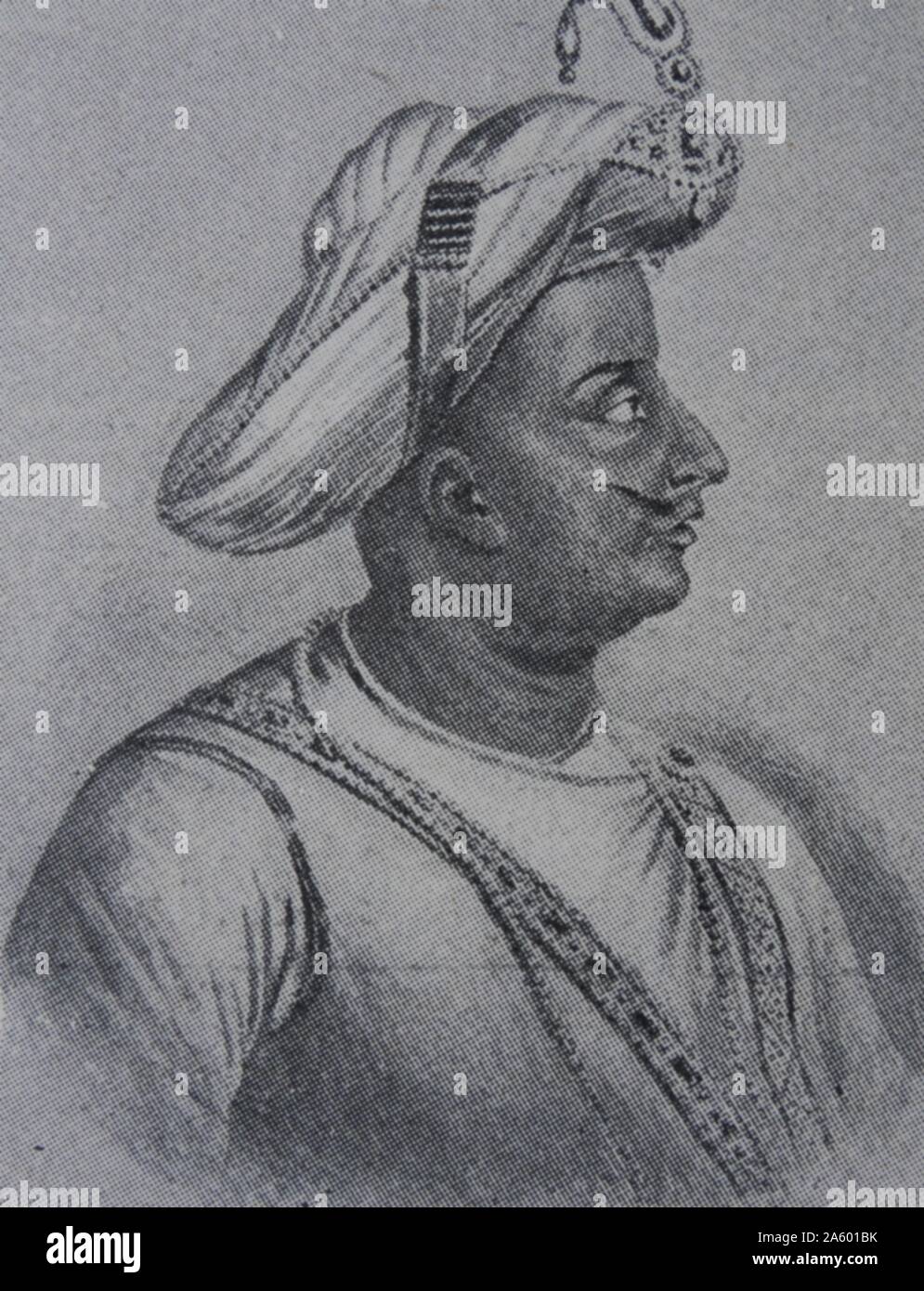 Tipu Sultan (1750 – 1799), bekannt als der Tiger von Mysore und Tipu Sahib. Herrscher über das Königreich von Mysore. Tipu schrieb der militärischen manuelle Fathul Mujahidin, gilt als Pionier bei der Verwendung von Raketenartillerie. Stockfoto