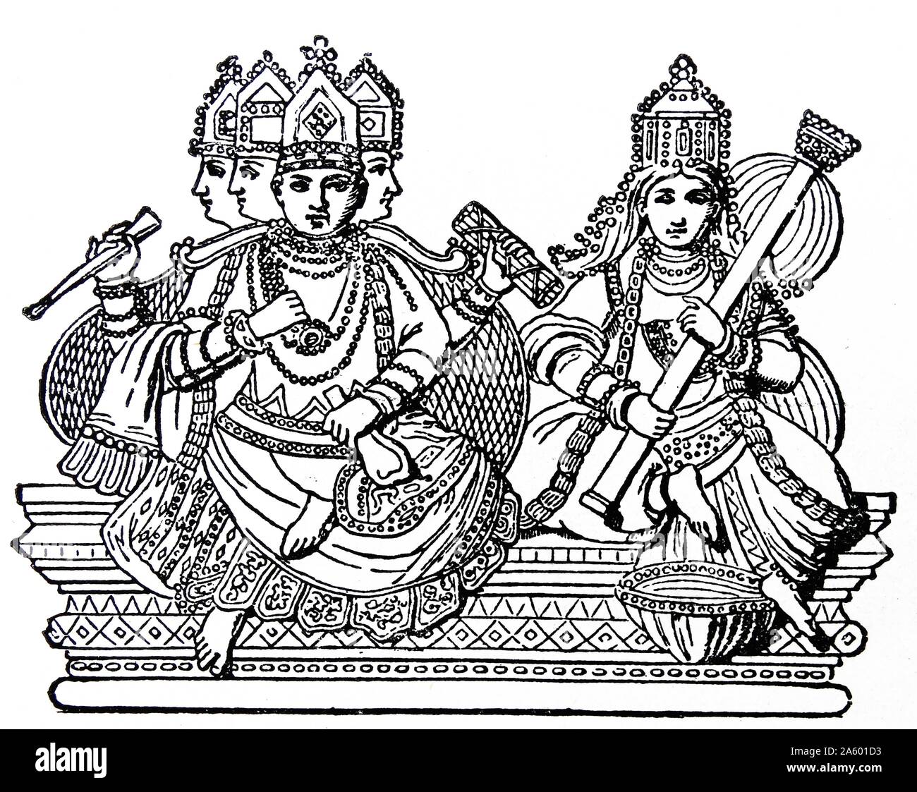 Brahma (der hinduistische Schöpfergott) mit 4 Gesichtern, zusammen mit seiner Gemahlin Sarasvati die Hindu-Göttin des Wissens, Musik und Kunst dargestellt. Abbildung des 19. Jahrhunderts. Stockfoto