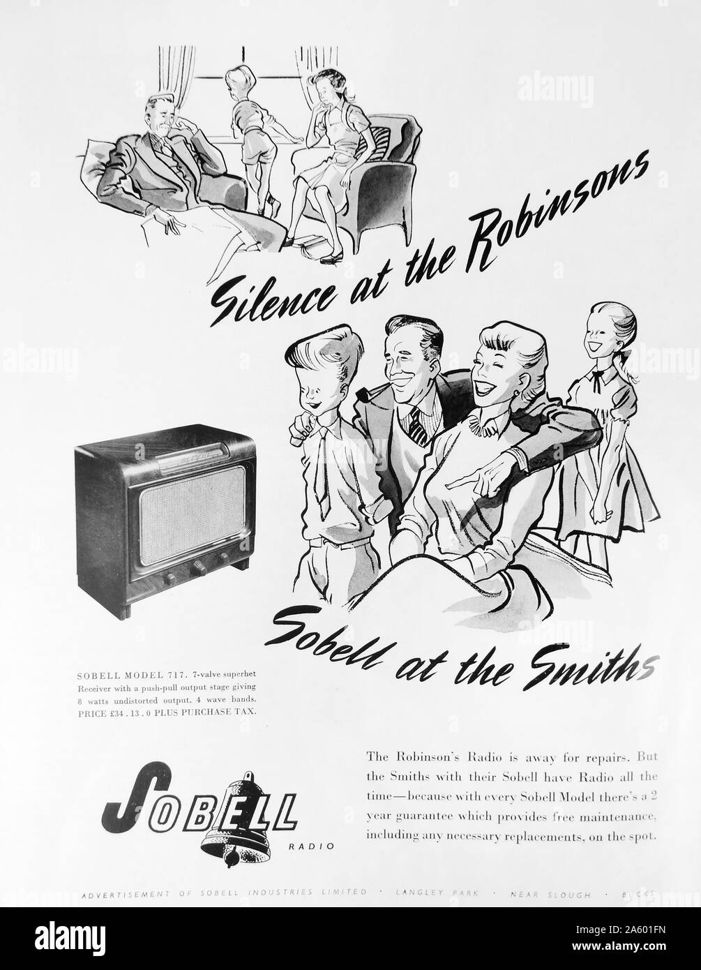 Anzeige für ein Sobell Radio ein Produkt von Radio & Allied Industries Ltd. eine britische Elektronik-Unternehmen, gegründet 1956 aus dem Zusammenschluss der Sobell Gruppe und McMichael Radio Ltd. Stockfoto