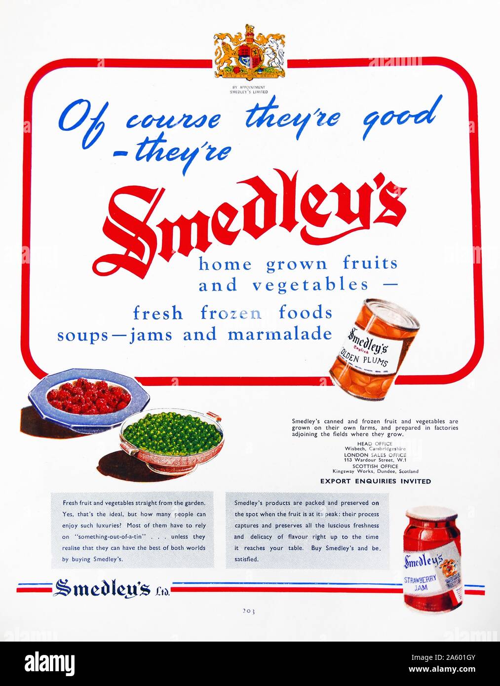 Anzeige für die Smedley Obst-, Marmelade und Gemüsekonserven. Datierte 1950 Stockfoto