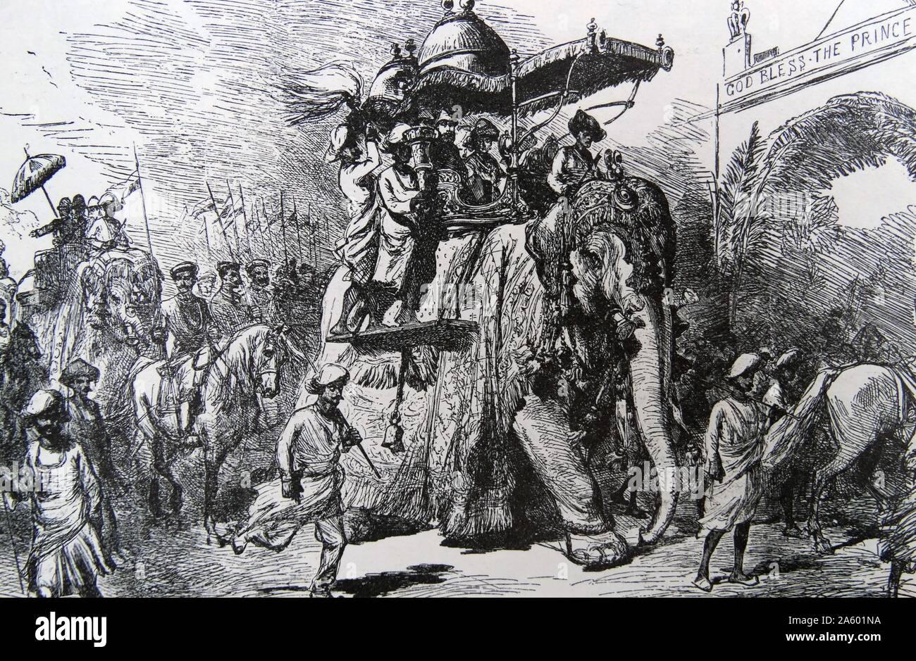 Der Prinz von Wales auf einem Elefanten während seiner besuchen (später König Edward VII) in Baroda, November 1857. Stockfoto
