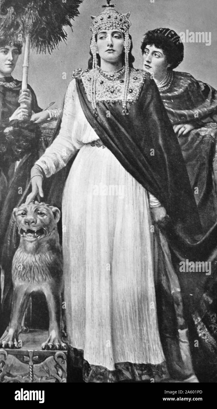 Malen mit Theodora, Kaiserin von Byzanz und die Ehefrau von Kaiser Justinian I, von Valentine Cameron Prinsep (1838 – 1904), ein britischer Maler der Präraffaeliten Schule. Vom 19. Jahrhundert Stockfoto