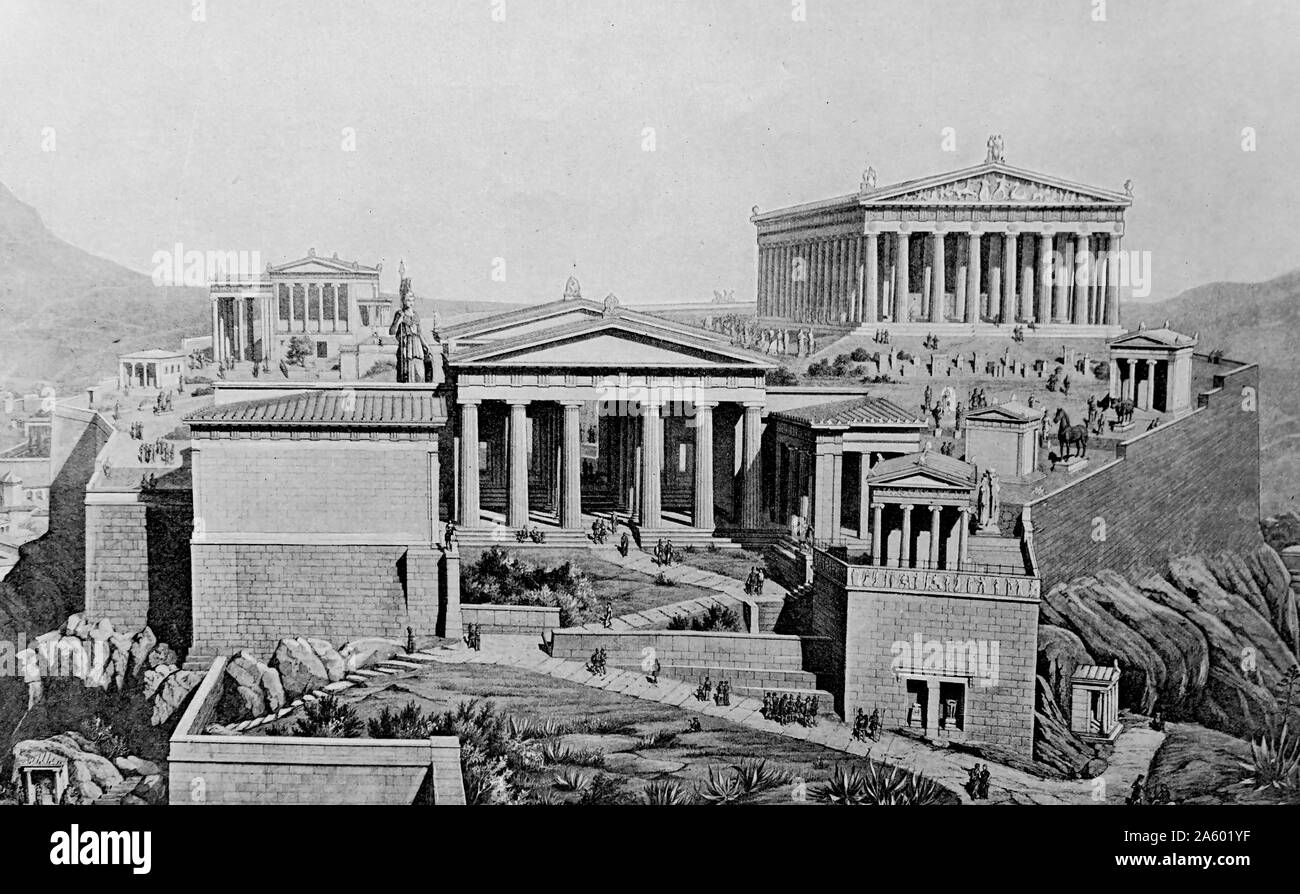 Die Akropolis als es erschien während des Goldenen Zeitalters. Die Akropolis von Athen ist einer alten Zitadelle befindet sich auf einem hohen Felsvorsprung oberhalb der Stadt Athen und die Überreste von mehreren alten Gebäuden große architektonische und historische Bedeutung, die bekanntesten sind der Parthenon. Stockfoto