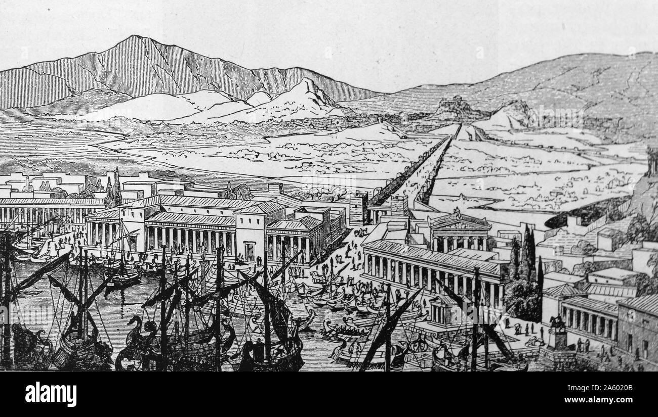 Athen als es erschien während des Goldenen Zeitalters. Die Akropolis von Athen ist einer alten Zitadelle befindet sich auf einem hohen Felsvorsprung oberhalb der Stadt Athen und die Überreste von mehreren alten Gebäuden große architektonische und historische Bedeutung, die bekanntesten sind der Parthenon. Stockfoto