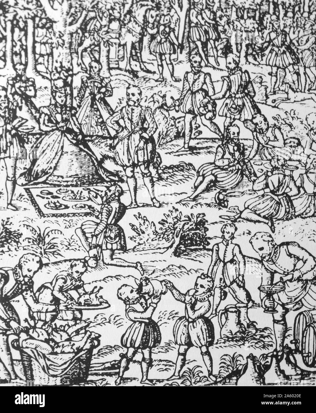 Elizabethan Mahlzeit im Freien oder Picknick; Holzschnitt 1572. Stockfoto