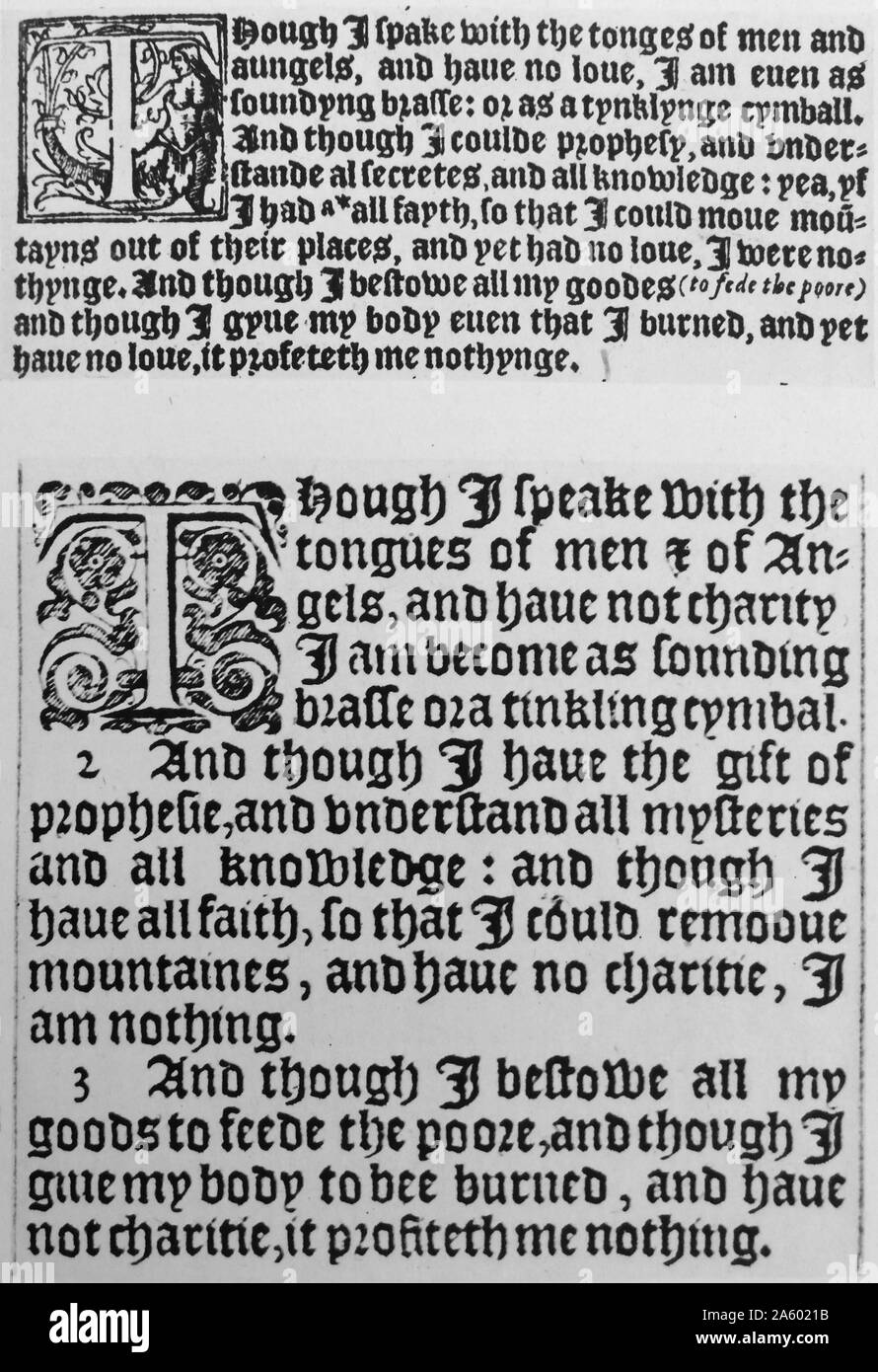 Seite aus William Tyndales Bibel 1528. Die erste englische Übersetzung der lateinischen Bibel Stockfoto
