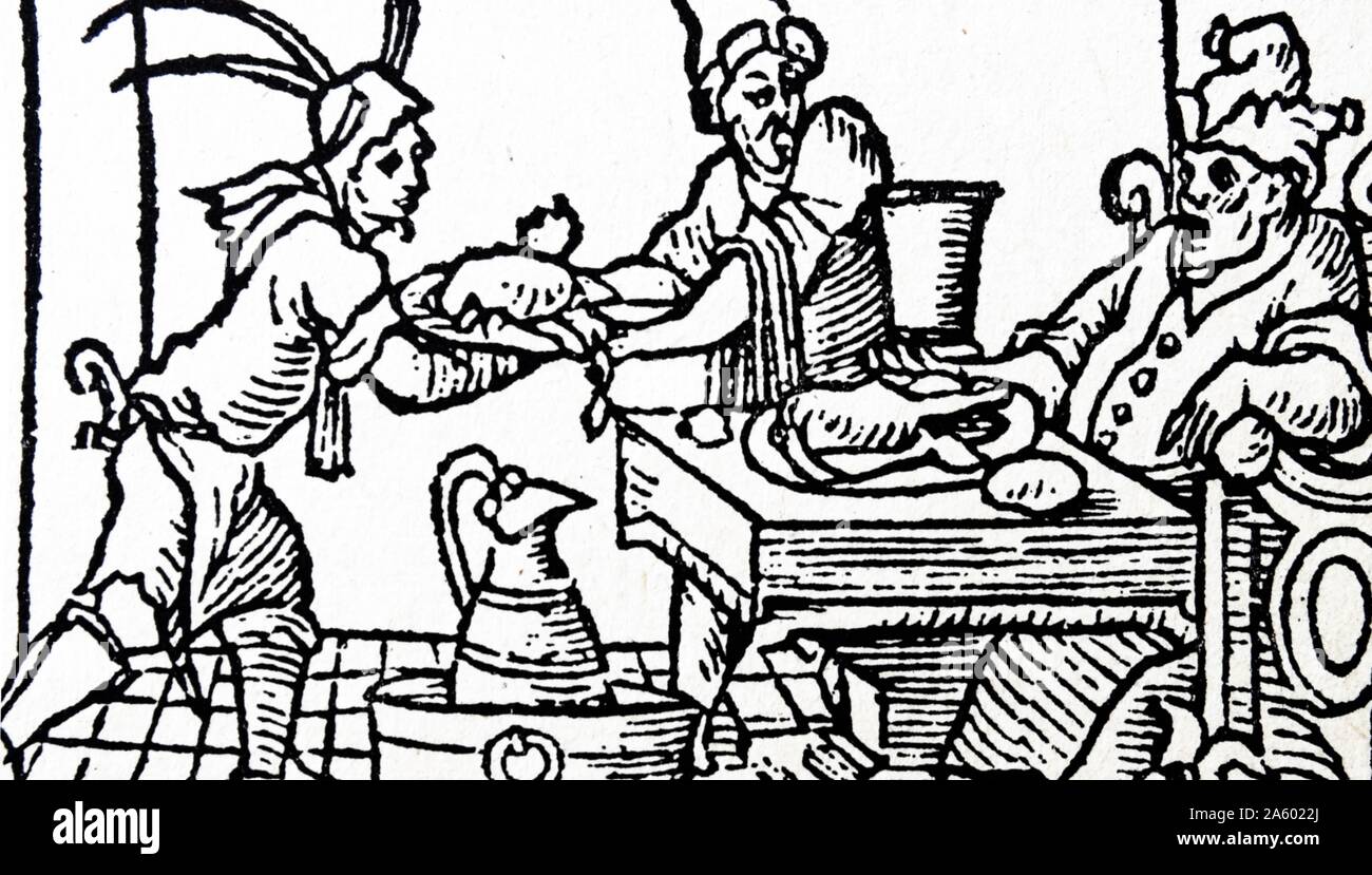 Holzschnitt-Illustration einer Szene von Rabelais, mit dem Titel "Pantagruel am Tisch". Ein gieriger Mensch zeigt eine große Menge an Nahrung zu essen. Vom Jahre 1887 Stockfoto