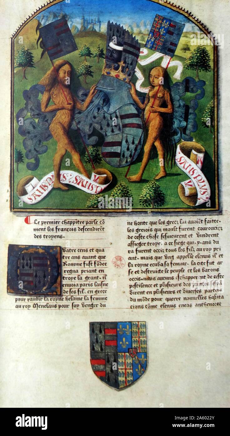 1477 Ausgabe der Grandes Chroniques de France; eine königliche Zusammenstellung der Geschichte von Frankreich, seine Manuskripte bemerkenswert beleuchtet. Es wurde zwischen dem dreizehnten und fünfzehnten Jahrhundert zusammengestellt. Stockfoto