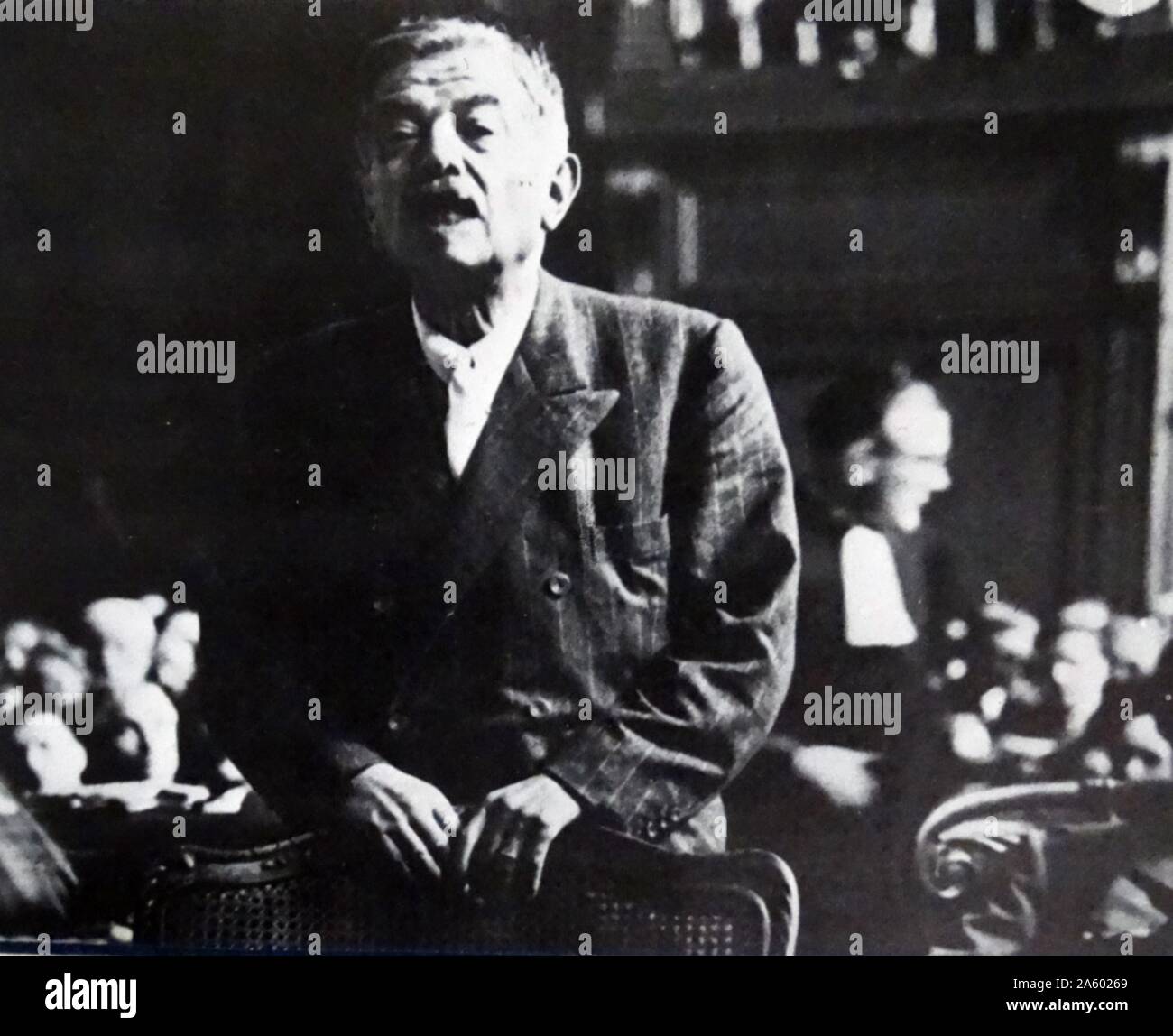 Quisling während seines Prozesses. Schöpfer der Norwegen Nazi-Partei und Führer der Norwegen unter deutscher Besatzung. Er wurde wegen Hochverrats verurteilt und am 24. Oktober 1945 hingerichtet wurde. Stockfoto