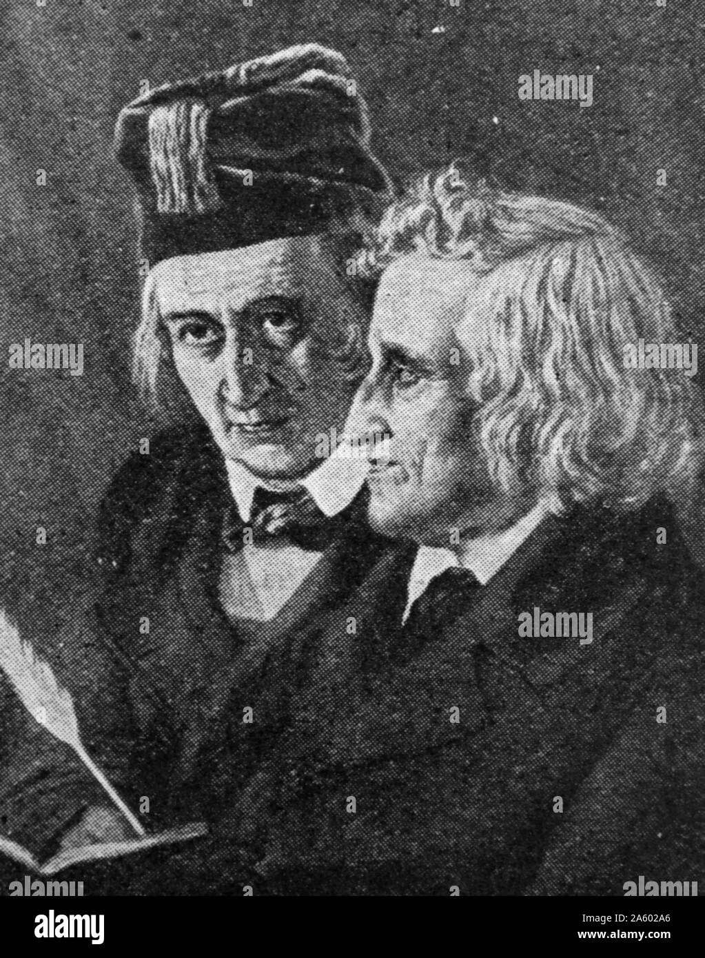 Die Brüder Grimm. Jakob und Wilhelm, zwei Pädagogen von Göttingen. Sie gehörten zu den Professoren, die 1837 für Protest gegen die Lossprechung von Staatsbeamten aus ihren Eid der Treue zur Verfassung entlassen. Stockfoto