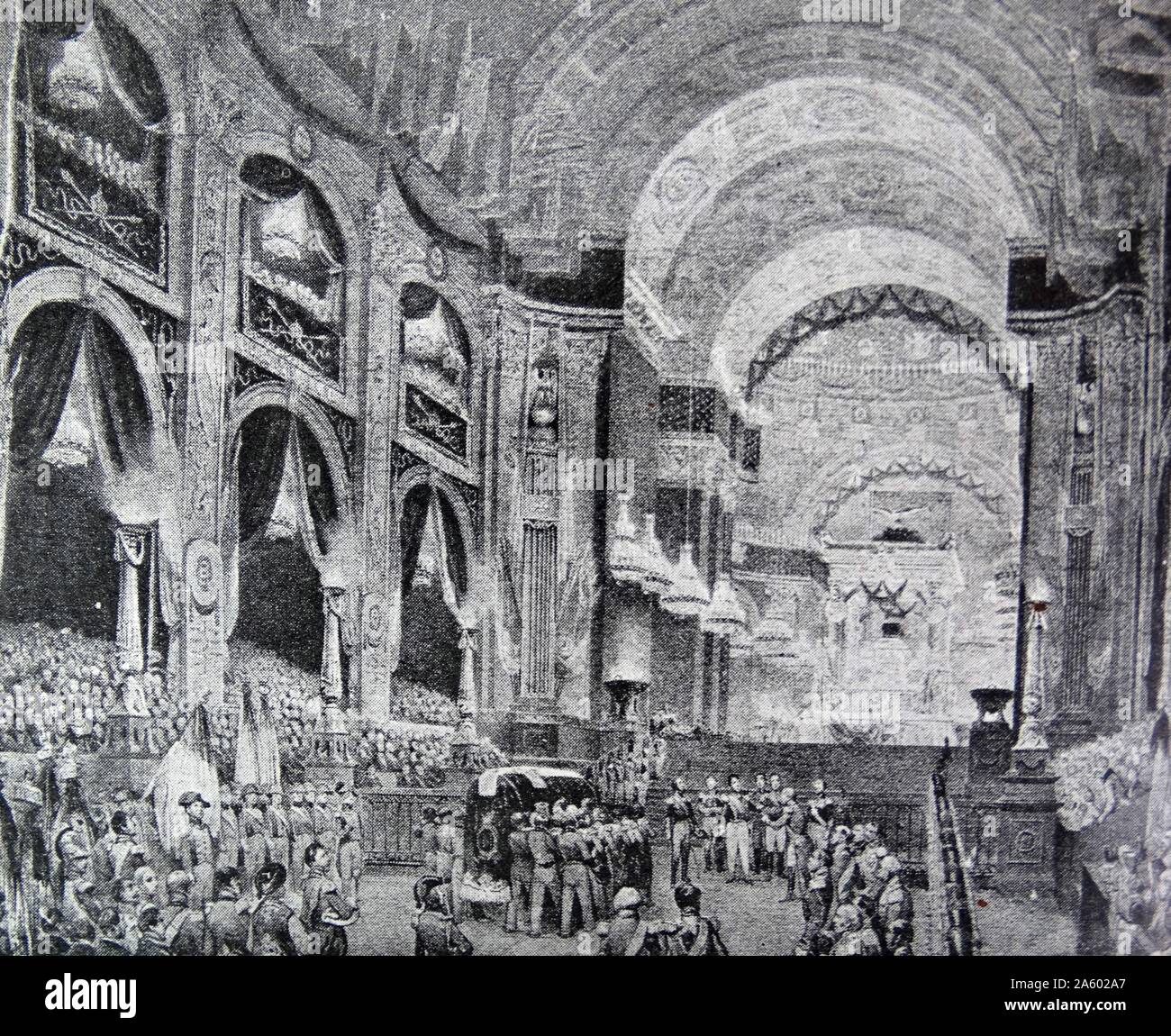 Die Aufnahme von Napoleons Körper an der Kirche des Invalides. Der Körper wurde von Louis Philippe, der königlichen Familie, der Erzbischof und den Klerus von Paris aufgenommen. Stockfoto