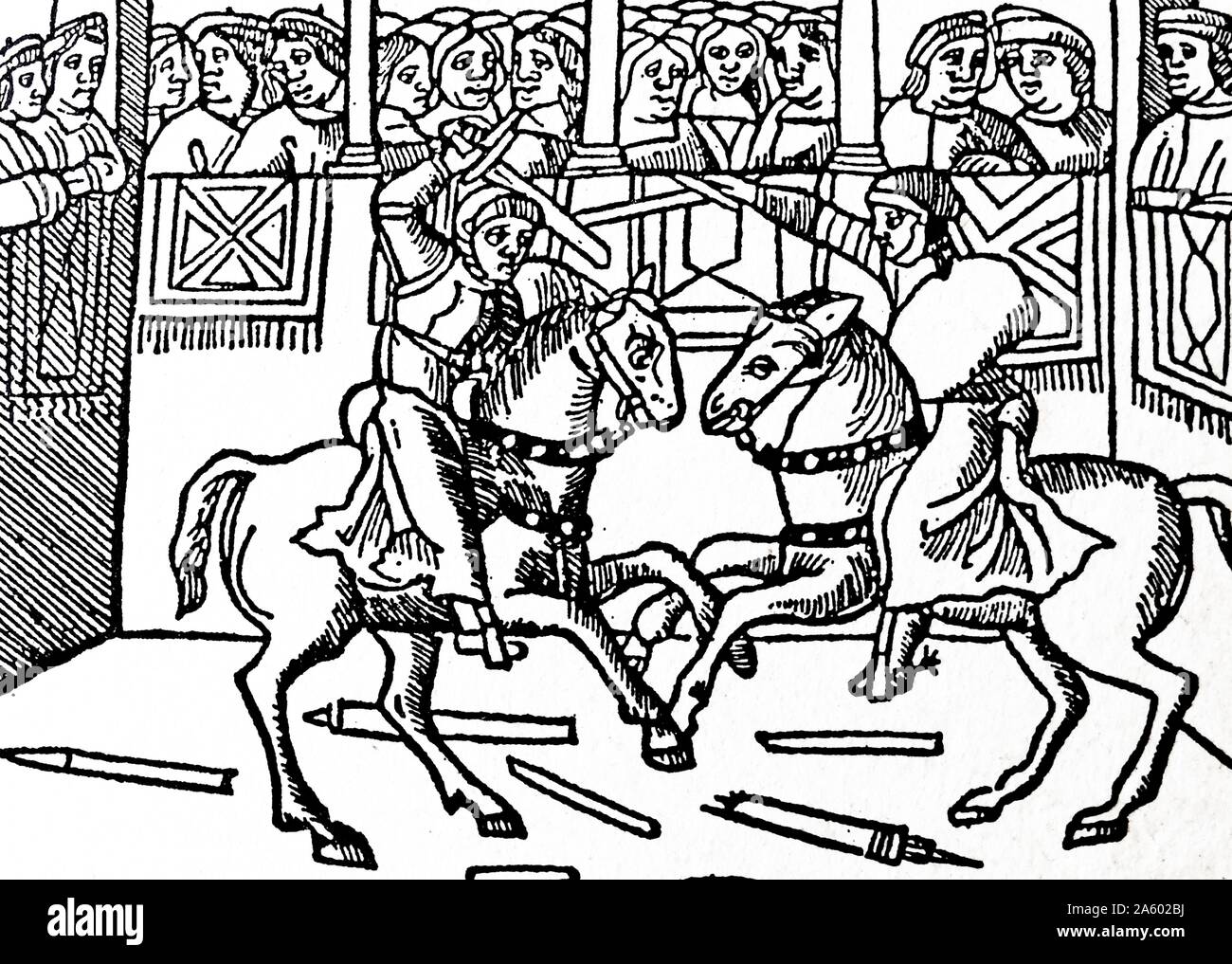 15. Jahrhundert Holzschnitt mit Ritterspielen auf einem Jahrmarkt. Vom 15. Jahrhundert Stockfoto