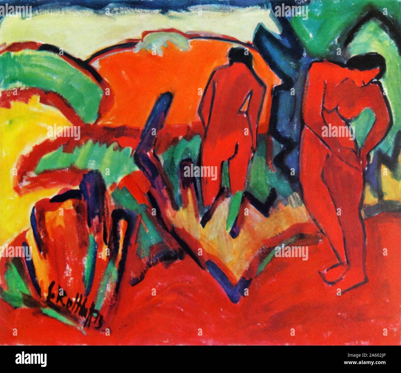 (Im Sommer); "Sommer, Nøgenmodeller ich Det fri' 1913 von Karl Schmidt-Rottluff (1884 – 1976). Deutscher expressionistischer Maler und Grafiker, eines der vier Gründungsmitglieder des Künstlers Gruppe Die Brücke. Stockfoto