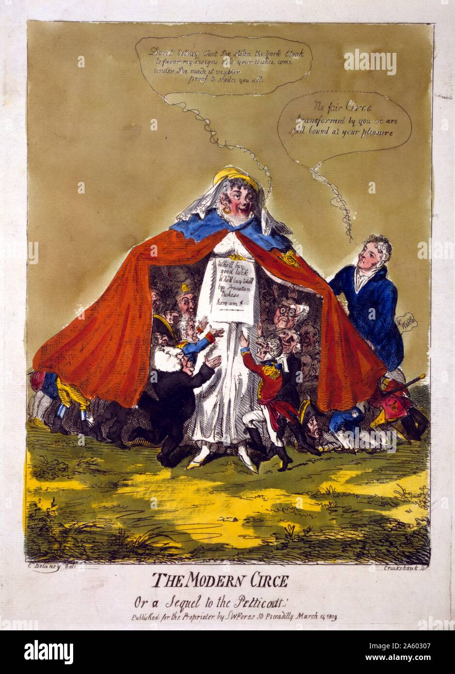 Handkolorierten, moderne Circe oder eine Fortsetzung der Petticoat drucken, indem Sie den Radierer Isaac Cruikshank (1756?-1811?). Die Karikatur zeigt Frau Mary Anne Clarke, tragen die Duke of York militärische Mantel, erweitert es um eine Menge von Miniatur Soldaten, Zivilisten und clustering um sie herum mit ausgestreckten Armen geistlichen decken; Herrn Waddle (Herr Wardle), stehen zur Seite, blickt auf ihr und erklärt seine Faszination. Stockfoto