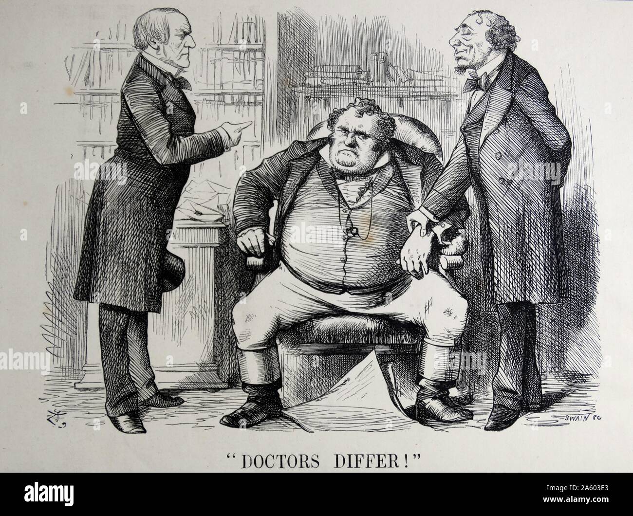 Politische Satire, die Darstellung von William Ewart Gladstone (1809-1898) und Benjamin Disraeli (1804-1881) sowohl ehemalige Premierminister von Großbritannien und John Bull, eine nationale Personifikation von Großbritannien im Allgemeinen. Von Sir John Tenniel (1820-1914), englischer Illustrator, grafische Humorist und Karikaturist. Vom 19. Jahrhundert Stockfoto