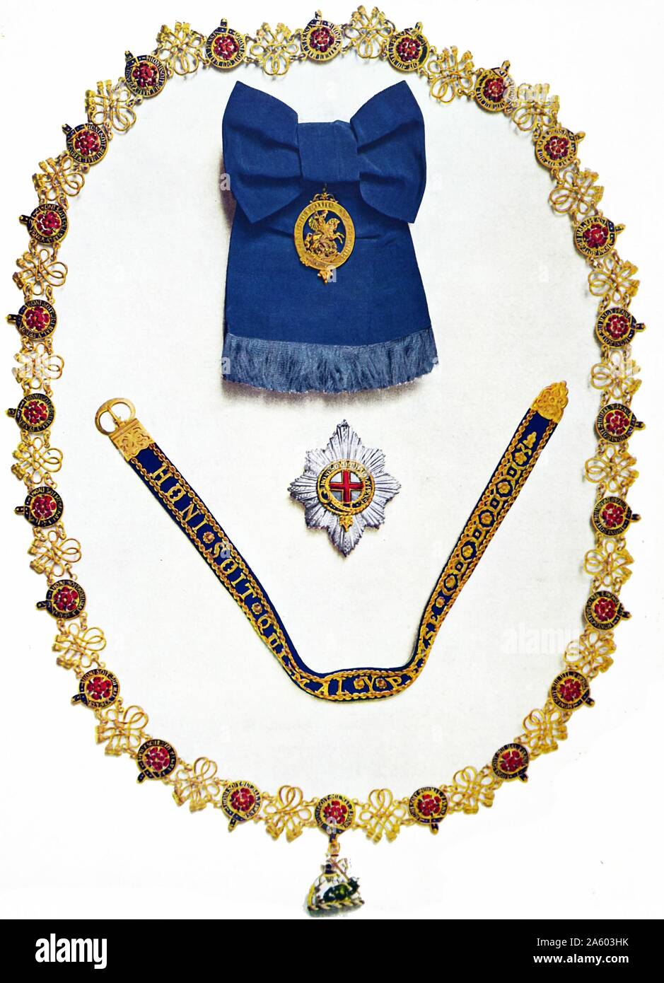 Reihenfolge der das Strumpfband und andere Krönung Aufträge Insignien getragen von König George VI bei seiner Krönung Ans britische König im Jahr 1937 Stockfoto
