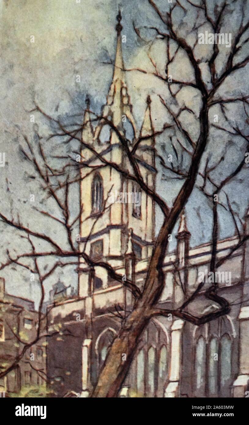 Farbe Skizze von St. Dunstan-in-the East, eine anglikanische Pfarrkirche am St Dunstan Hill. Vom 20. Jahrhundert Stockfoto