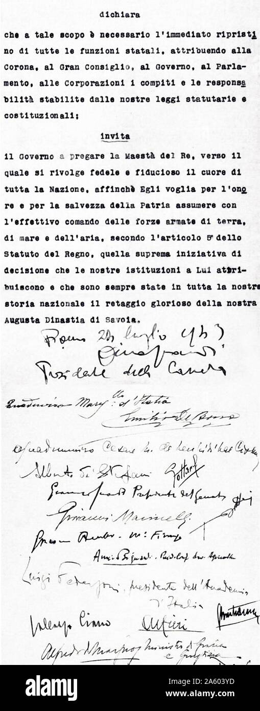 Faschistischen großen Ratsresolution gegen Benito Mussolini. Vom 20. Jahrhundert Stockfoto
