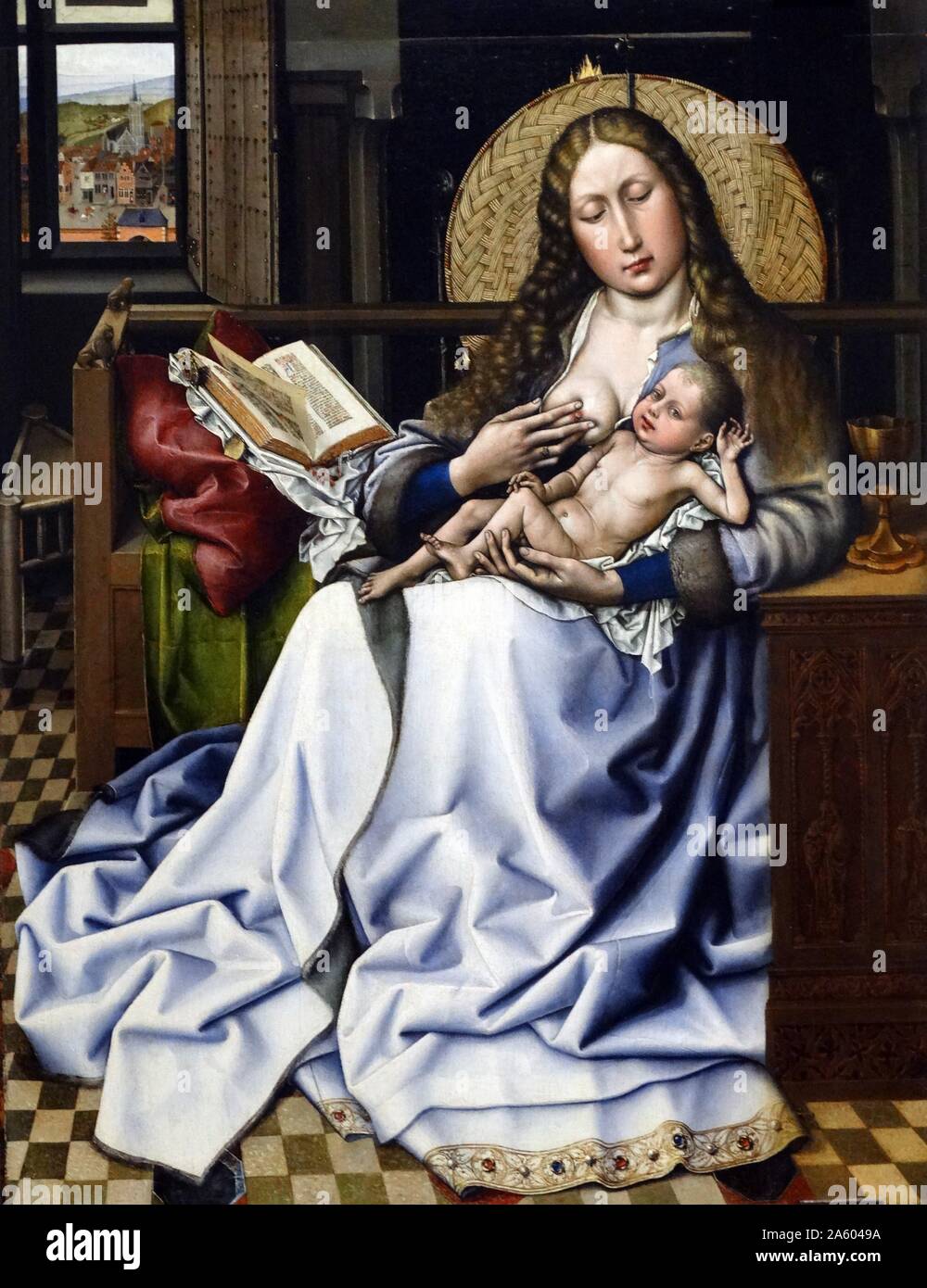 Paintitng mit dem Titel "Die Jungfrau und das Kind vor einem Ofenschirm" durch ein Anhänger von Robert Champin (1378-1444). Vom 15. Jahrhundert Stockfoto