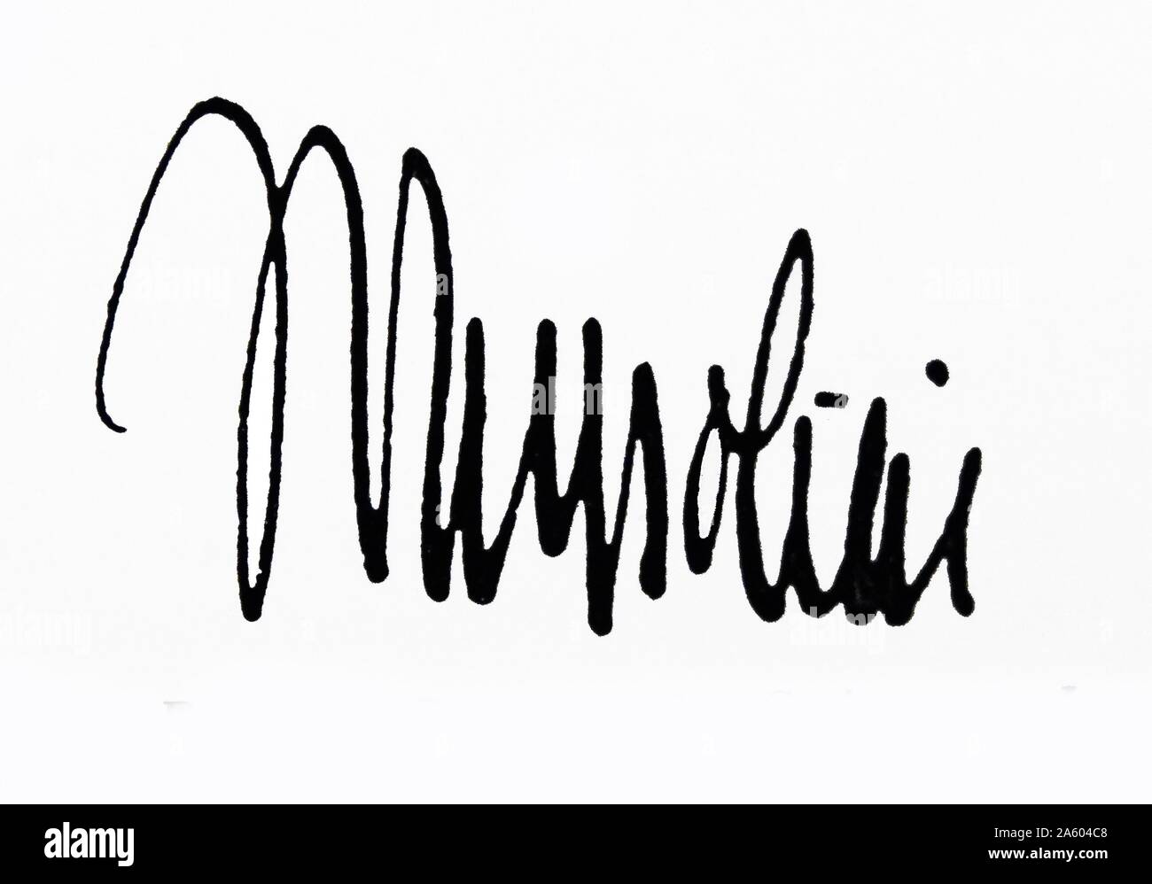 Signatur von Benito Mussolini (1833 – 1945), italienischer Politiker, Journalist und Führer der nationalen faschistischen Partei und Premierminister von Italien. Vom 20. Jahrhundert Stockfoto