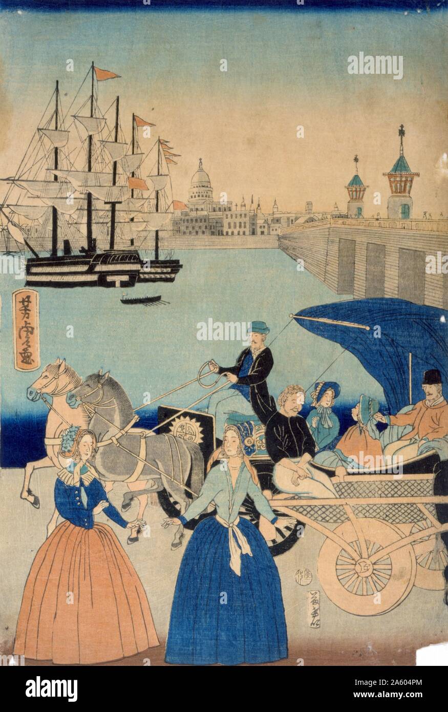Igirisukoku Rondon keine zu (Bild von London, England). Von Utagawa Yoshitora, aktive 1850-1870, datiert 1866. Japanische Triptychon Drucken zeigt das Stadtbild auf London mit Fußgänger-Brücke über die Themse und Fahrzeugverkehr in den Vordergrund. Stockfoto