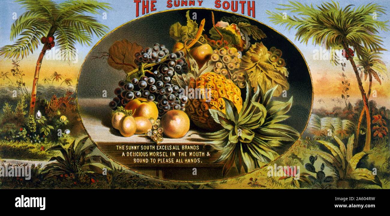 Im sonnigen Süden. Werbung für sonnigen Süden Frucht, zeigt verschiedene Arten von Obst. Stockfoto