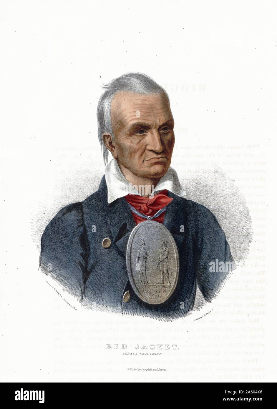 Rote Jacke. Seneca Krieg Chief/auf Stein durch Corbould aus einem Gemälde von C.B. König. Drucken zeigt rote Jacke; mit Kopf und Schultern im Porträt; leicht nach rechts gerichteter; tragen Fell und große Medaillon zeigt die rote Jacke treffen George Washington im Jahre 1792. Stockfoto