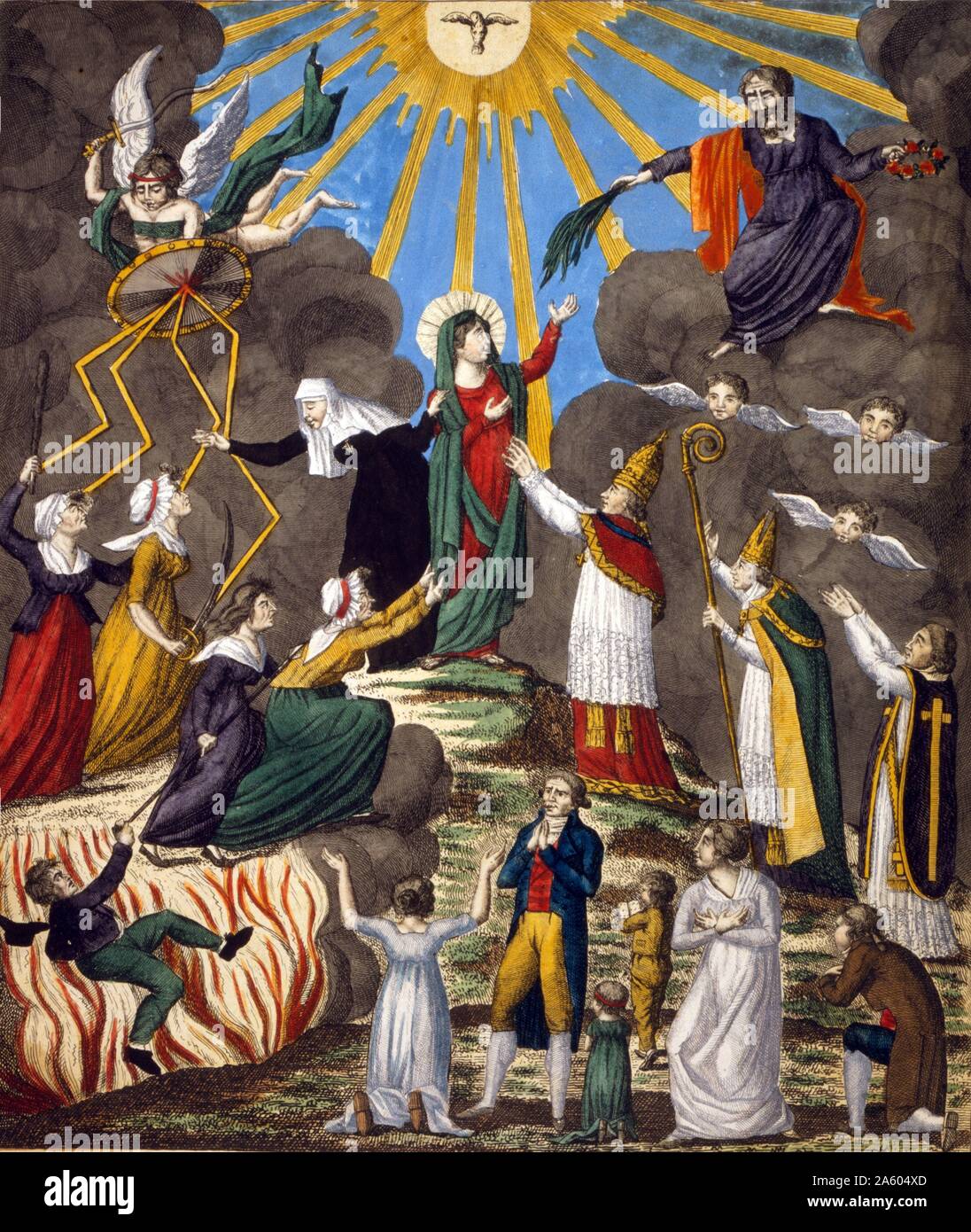 Le Triomphe de la Religion. Papst Pius VII., Kardinal Caprara, und andere Mitglieder des Klerus, die den Geist des Lichts von den positiven Strahlen, die von einer Taube oben in der Mitte, das die dunklen Wolken der Unwissenheit und Intoleranz zu erhalten; in der oberen rechten Ecke, Jesus sitzt mit einem Kranz von Rosen und Verlängerung der Palmwedel auf die Jungfrau Maria, mit einer Nonne an Ihrer Seite; auf der linken Seite, Frauen Revolutionäre sind durch Blitze, die von einer Abschirmung gehalten von einem Erzengel schlug; unten links, eine Feuergrube Ansprüche andere Revolutionäre, während auf der rechten Seite, eine Gruppe von neuen Gläubigen betet. Stockfoto