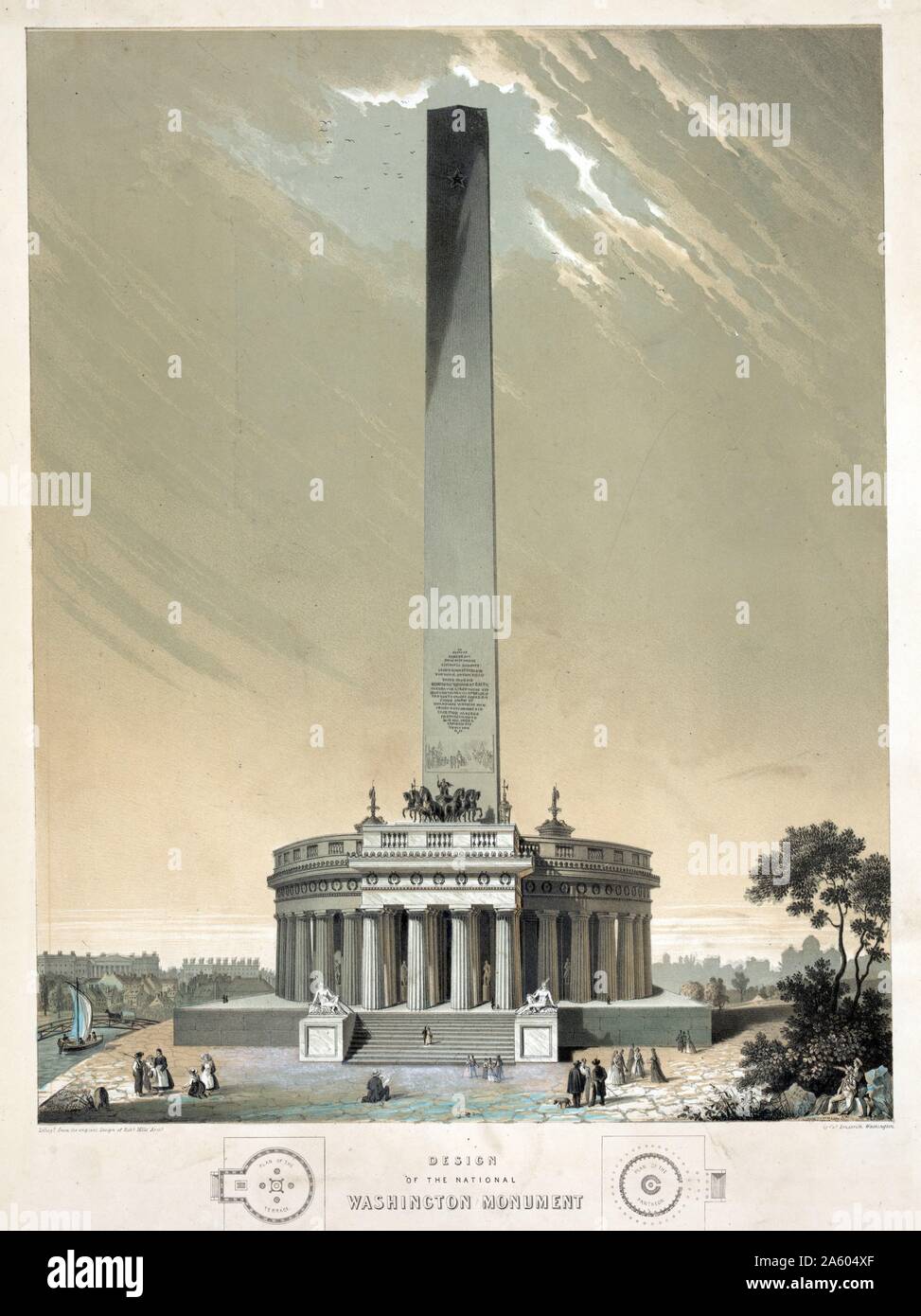 Die Gestaltung der innerstaatlichen Washington Monument. Lithographie vom ursprünglichen Design von Robert Mühlen; Architekt; von Christopher Fenderich; Washington. Stockfoto