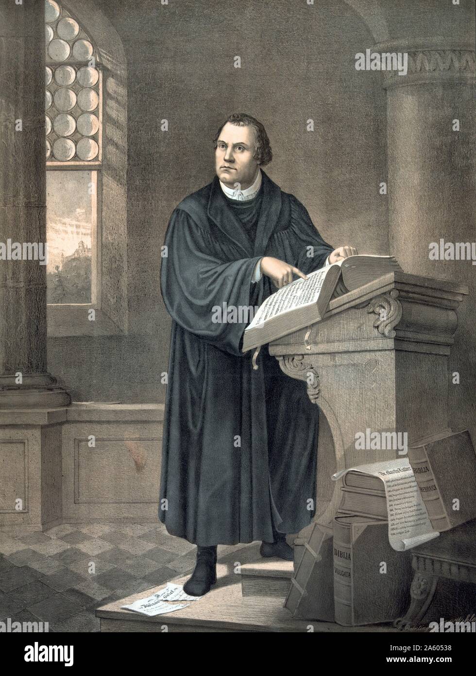 Dr. Martin Luther; 1483-1546. Porträt; stehen; Verkleidung leicht nach links; Lesung in der Kirche. Stockfoto