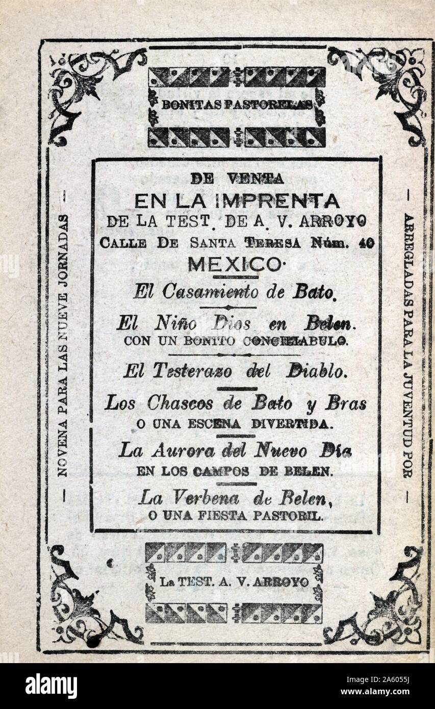 Titelblatt von La Rosa Encantada, 2 a Parte (Die Rose verzaubert, Teil 2) von Antonio Vanegas Arroyo, Verleger. Posada José Guadalupe, 1852-1913, Chapbook Cover zeigt Szene aus einem Spielen: Ein paar Umarmungen in der Mitte als zwei Frauen und ein Mann Aussehen auf. Alle tragen das Kostüm der Renaissance. Das Skript umfasst die reine Liebe zwischen einem Tier und eine Frau. Nach einander ihre Liebe erklärt, das Tier ist in einen Prinzen verwandelt und heiratet die Frau. In Mexiko zwischen 1890 und 1913 veröffentlicht. Stockfoto Titelblatt von La Rosa Encantada, 2 a Parte (Die Rose verzaubert, Teil 2) von Antonio Vanegas Arroyo, Verleger. Posada José Guadalupe, 1852-1913, Chapbook Cover zeigt Szene aus einem Spielen: Ein paar Umarmungen in der Mitte als zwei Frauen und ein Mann Aussehen auf. Alle tragen das Kostüm der Renaissance. Das Skript umfasst die reine Liebe zwischen einem Tier und eine Frau. Nach einander ihre Liebe erklärt, das Tier ist in einen Prinzen verwandelt und heiratet die Frau. In Mexiko zwischen 1890 und 1913 veröffentlicht. Stockfoto