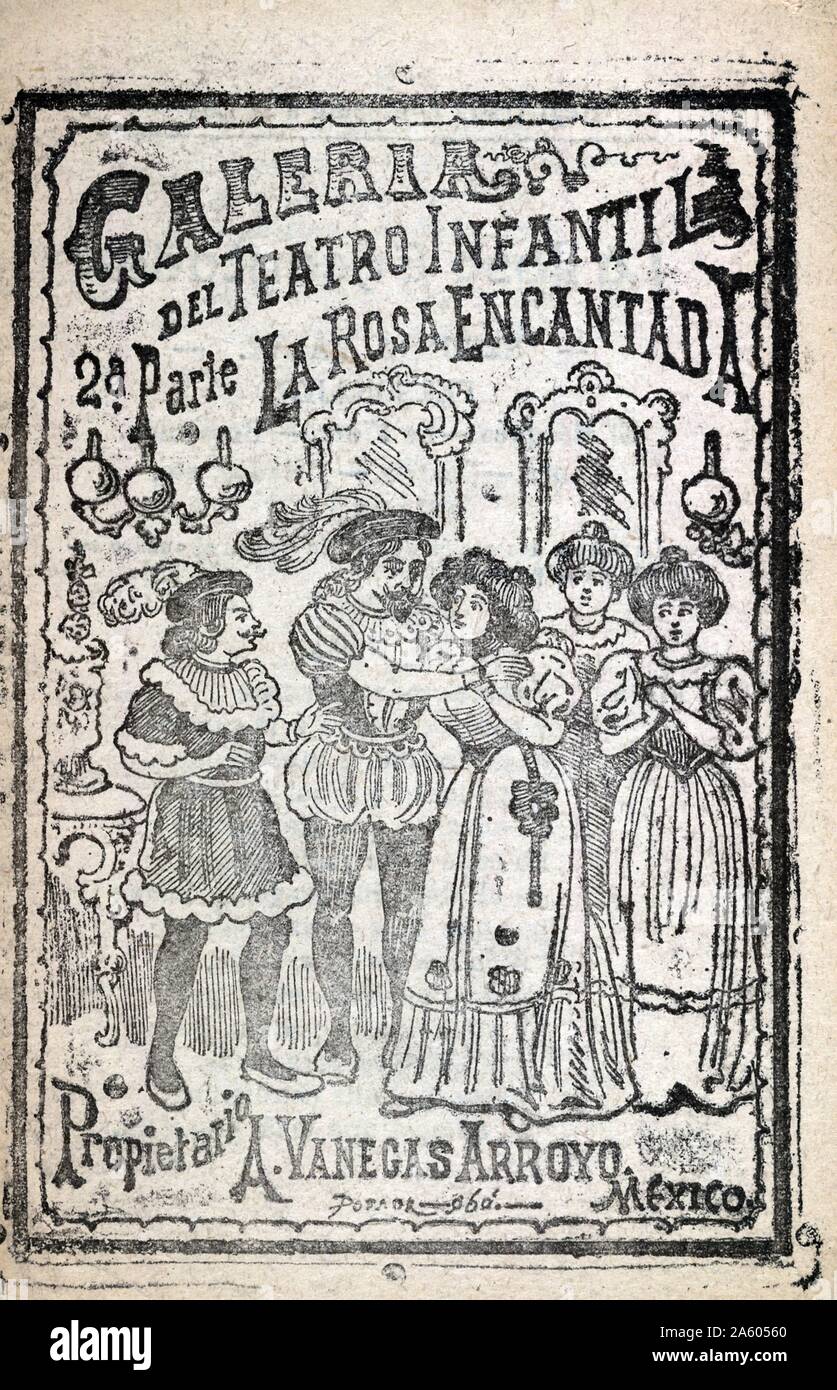 Titelblatt von La Rosa Encantada, 2 a Parte (Die Rose verzaubert, Teil 2) von Antonio Vanegas Arroyo, Verleger. Posada José Guadalupe, 1852-1913, Chapbook Cover zeigt Szene aus einem Spielen: Ein paar Umarmungen in der Mitte als zwei Frauen und ein Mann Aussehen auf. Alle tragen das Kostüm der Renaissance. Das Skript umfasst die reine Liebe zwischen einem Tier und eine Frau. Nach einander ihre Liebe erklärt, das Tier ist in einen Prinzen verwandelt und heiratet die Frau. In Mexiko zwischen 1890 und 1913 veröffentlicht. Stockfoto Titelblatt von La Rosa Encantada, 2 a Parte (Die Rose verzaubert, Teil 2) von Antonio Vanegas Arroyo, Verleger. Posada José Guadalupe, 1852-1913, Chapbook Cover zeigt Szene aus einem Spielen: Ein paar Umarmungen in der Mitte als zwei Frauen und ein Mann Aussehen auf. Alle tragen das Kostüm der Renaissance. Das Skript umfasst die reine Liebe zwischen einem Tier und eine Frau. Nach einander ihre Liebe erklärt, das Tier ist in einen Prinzen verwandelt und heiratet die Frau. In Mexiko zwischen 1890 und 1913 veröffentlicht. Stockfoto