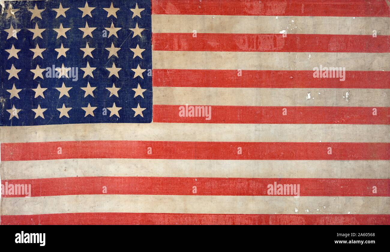 Thirty-Six Star USA Flagge; Farbe-Holzschnitt auf Leinen; zwischen 1865-1867 Stockfoto