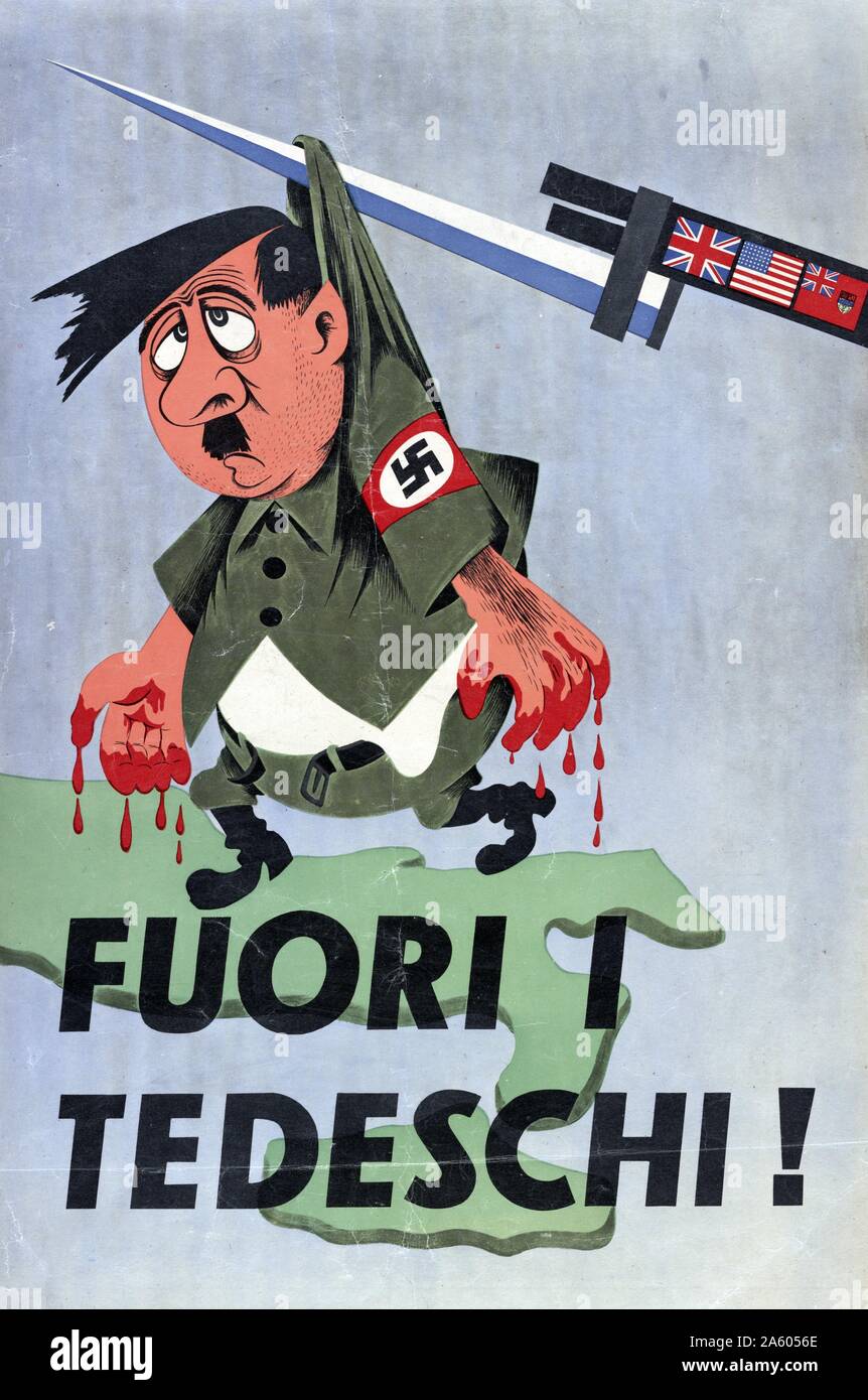 Italienische Weltkrieg II Poster, Es zeigt Adolf Hitler mit Blut an den Händen von einem Bajonett hängen. Übersetzt aus dem Italienischen "die Deutschen". Stockfoto