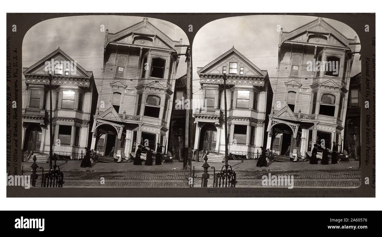 Nach dem San Francisco-Erdbeben von 1907. Zeigt Gebäude lehnend, nachdem der Gründungsstruktur beschädigt worden war. Stockfoto