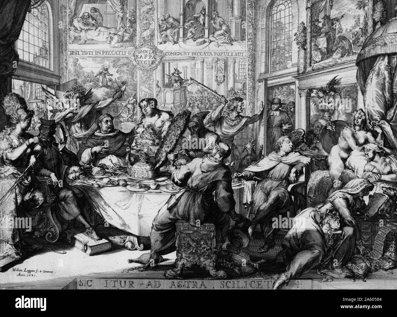 Sic itur Ad Astra scilicet 1681. Von Romeyn de Hooghe, 1645-1708, Künstler. Drucken zeigt Szene in einem frivolen Haus der Freude von Pater Petre und anderen Jesuiten, wo sie vermischen und speisen Sie mit Figuren wie: Unzucht, Geiz, Trägheit, Zorn, und Eitelkeit frequentiert. Priester engagieren sich in lasziven Handlungen und Geld von einer sterbenden Person stehlen, ein protestantischer Geistlicher weg von der Tür angetrieben wird, ein Fuchs hält eine Predigt von der Kanzel, und Jesuiten helfen, sich selbst zu schätzen in Indien. Stockfoto